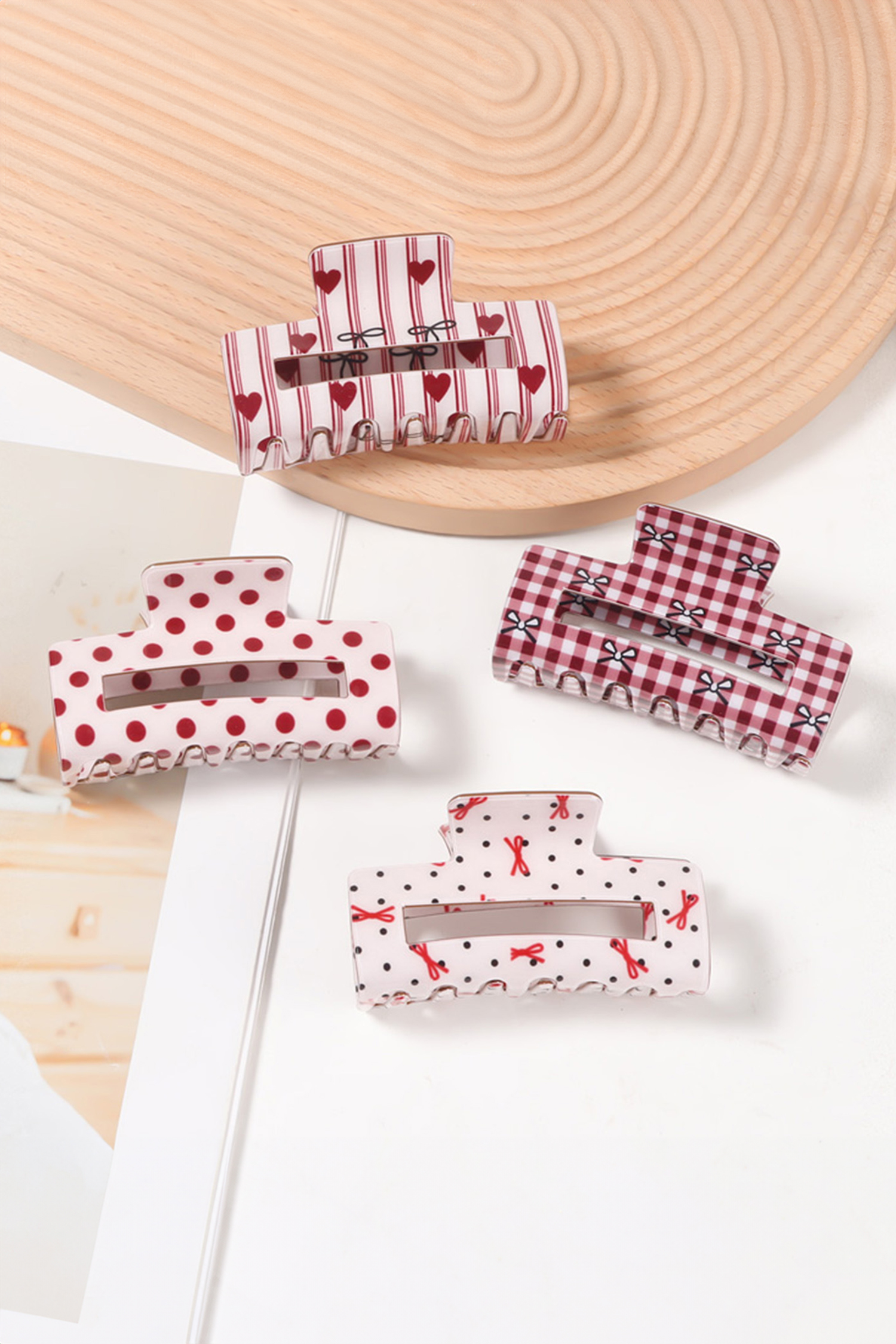 Fiery Red Striped Heart Contrast Bow Printed Rectangle Hair Claw Clip - loveforevers