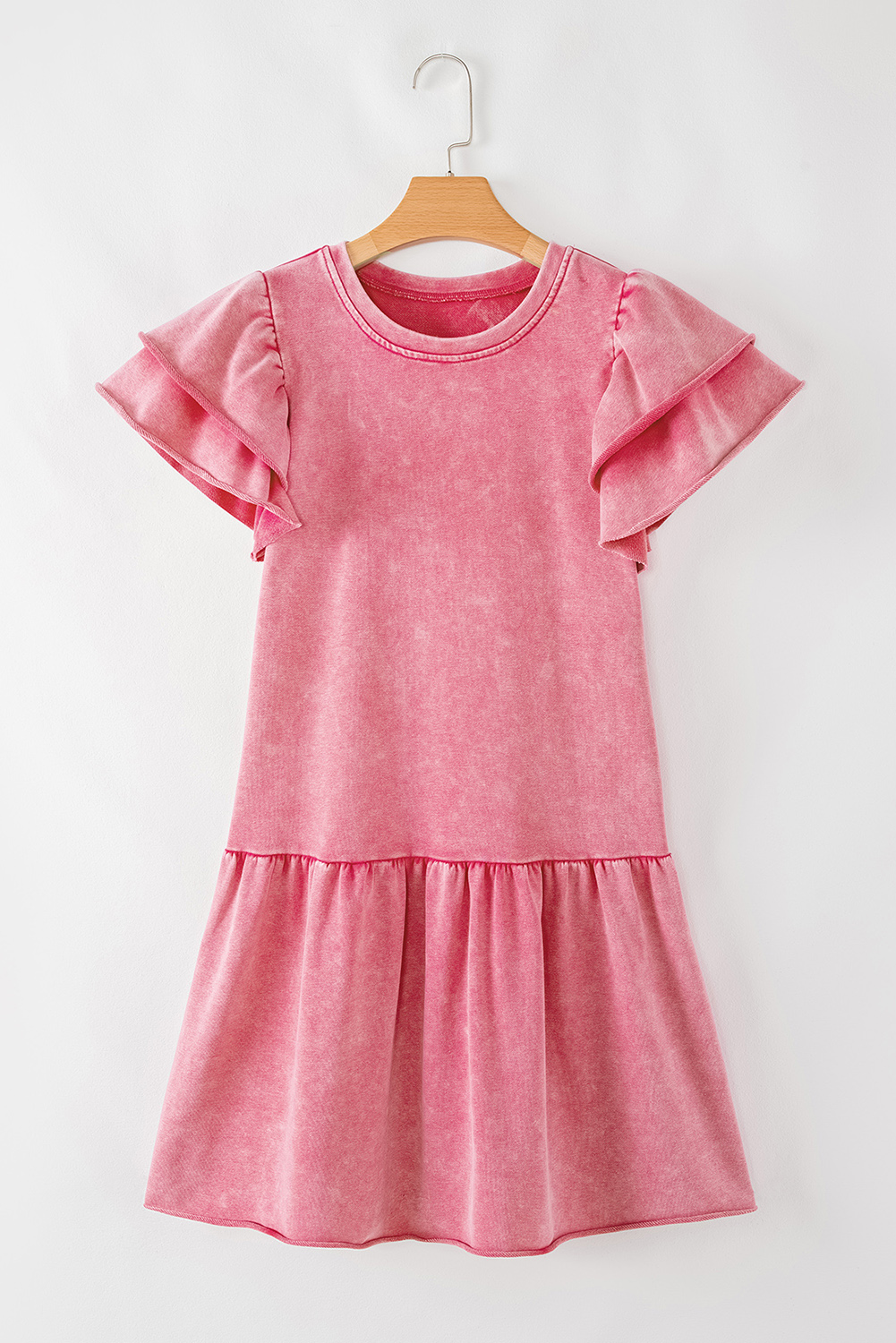 Sachet Pink Mineral Wash Raw Edge Ruffle Mini Dress - loveforevers