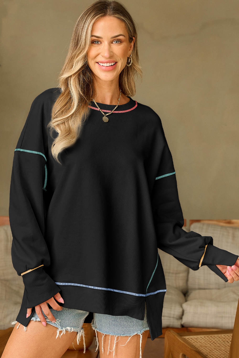 Contrast Stitching Split Baggy Sweatshirt - loveforevers