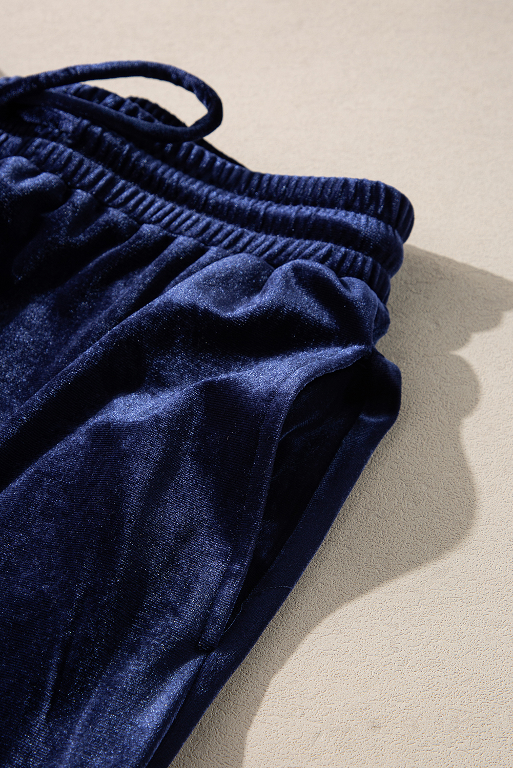 Navy Blue Solid Velvet Ruffled Two Piece Pants Set - loveforevers