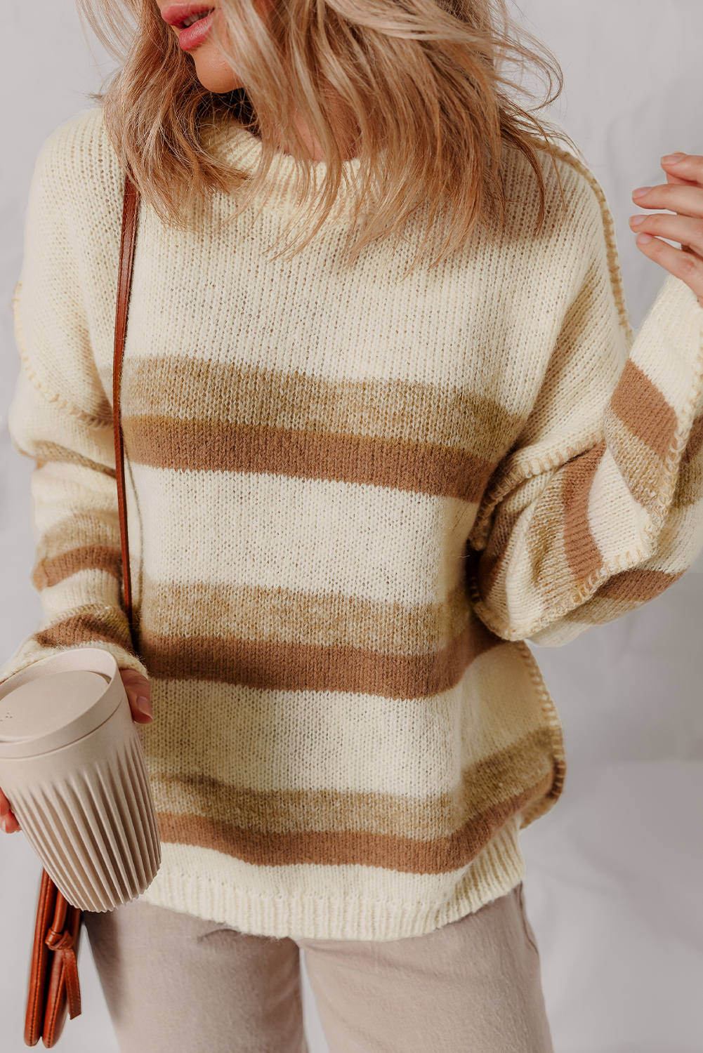 Khaki Stripe Exposed Seam Drop Shoulder Knit Baggy Sweater - loveforevers
