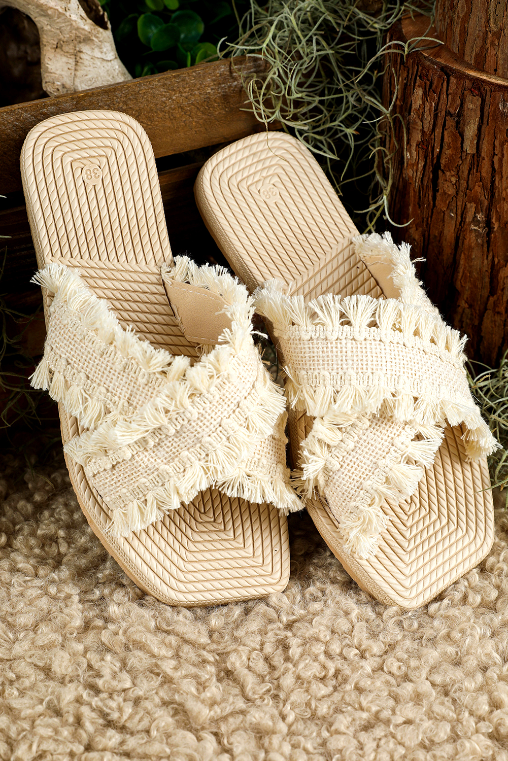 Beige Tassel Woven Crossed Straps Flat Slippers - loveforevers