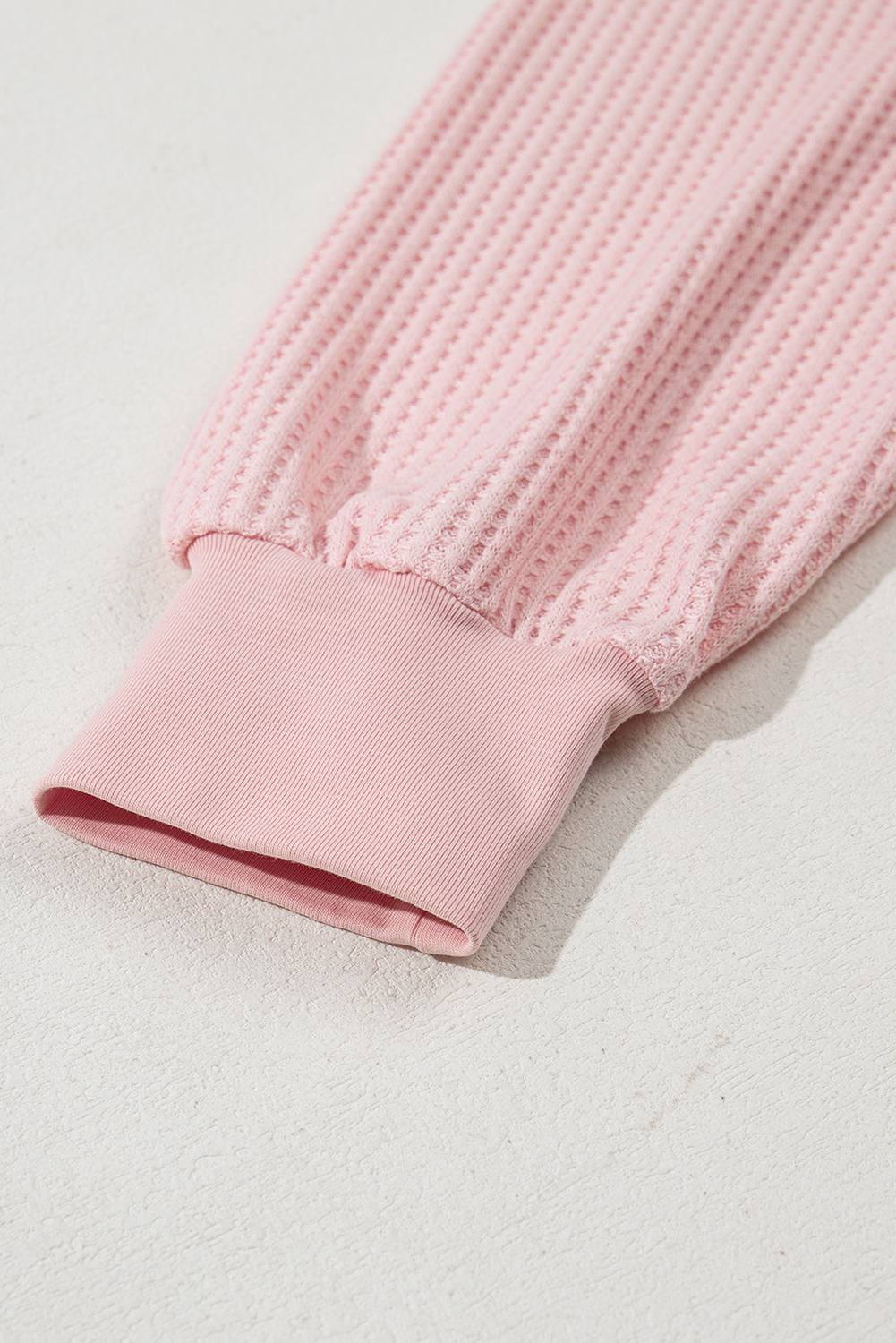 Light Pink Waffle V Neck Long Sleeve Drop Shoulder Loose Blouse - loveforevers