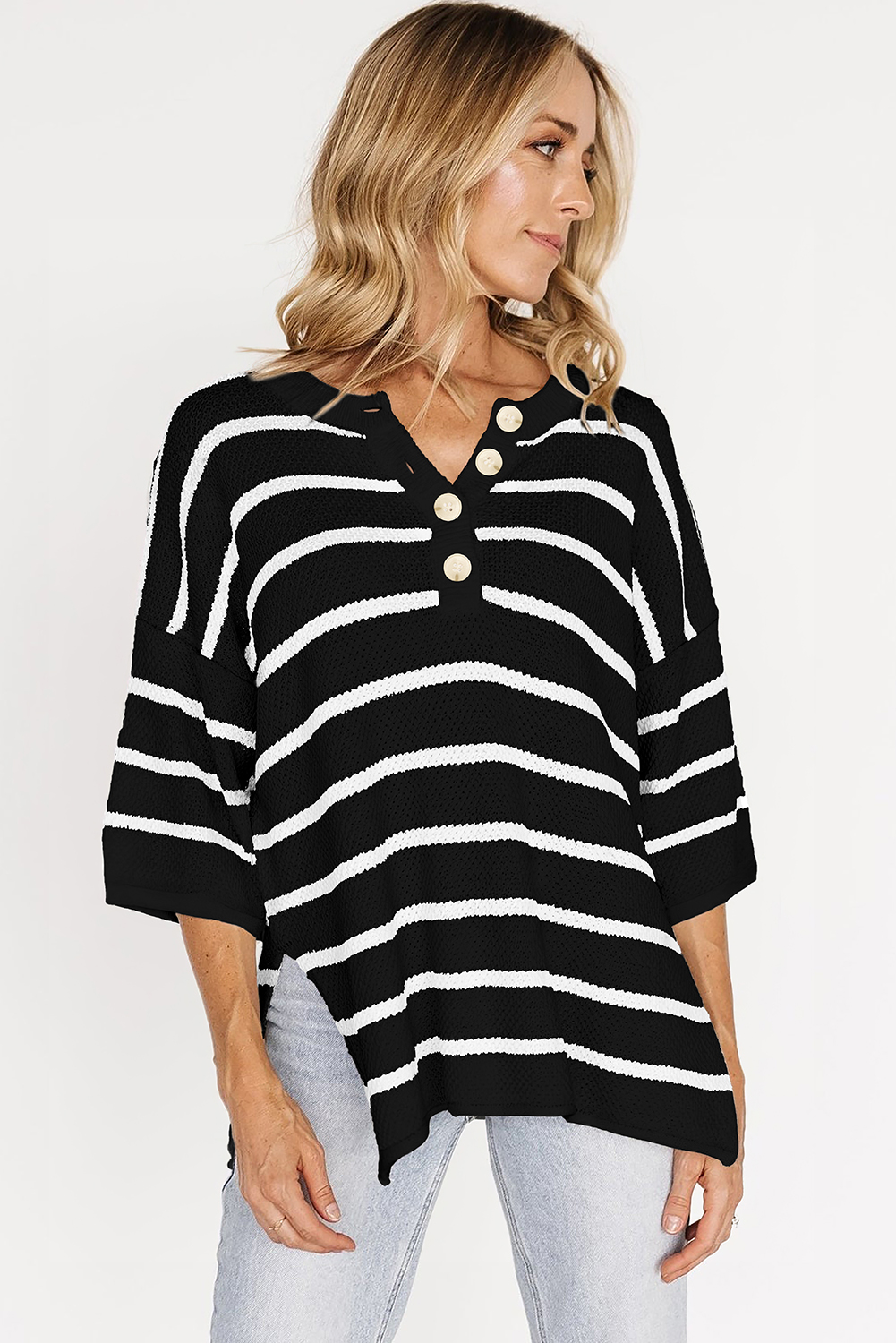 Black Stripe Henley Buttoned Placket Drop Shoulder Bracelet Sleeve Knit Sweater Tee - loveforevers