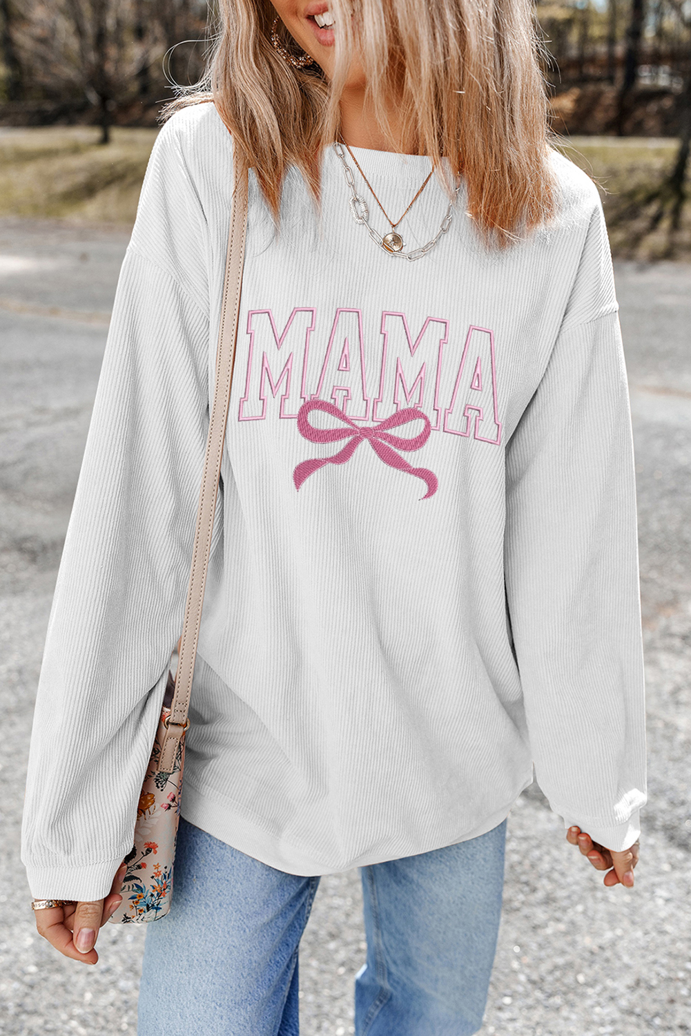 White MAMA Bowknot Embroidered Ribbed Pullover Sweatshirt - loveforevers