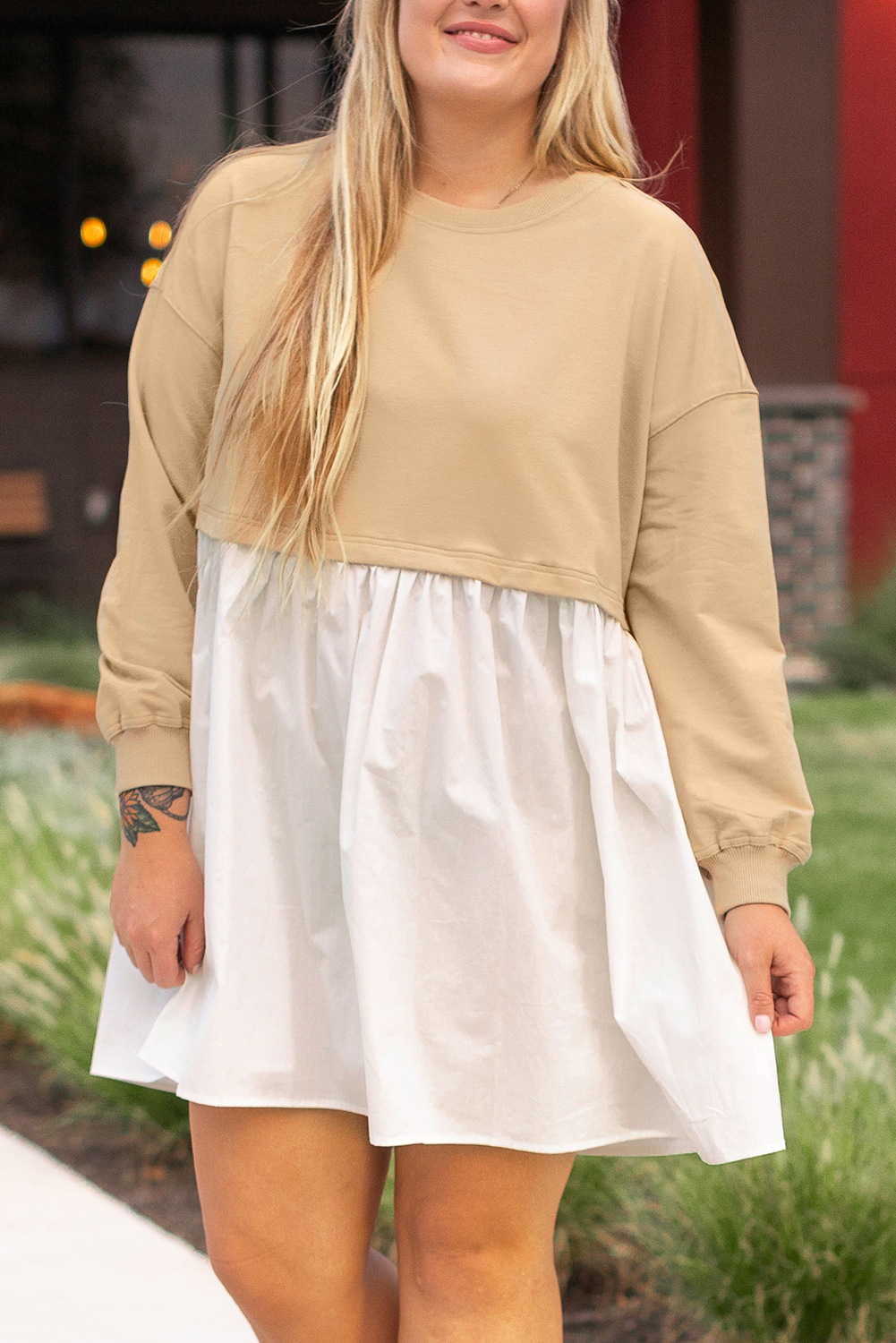 Pale Khaki Sweatshirt Poplin Mini Dress - loveforevers