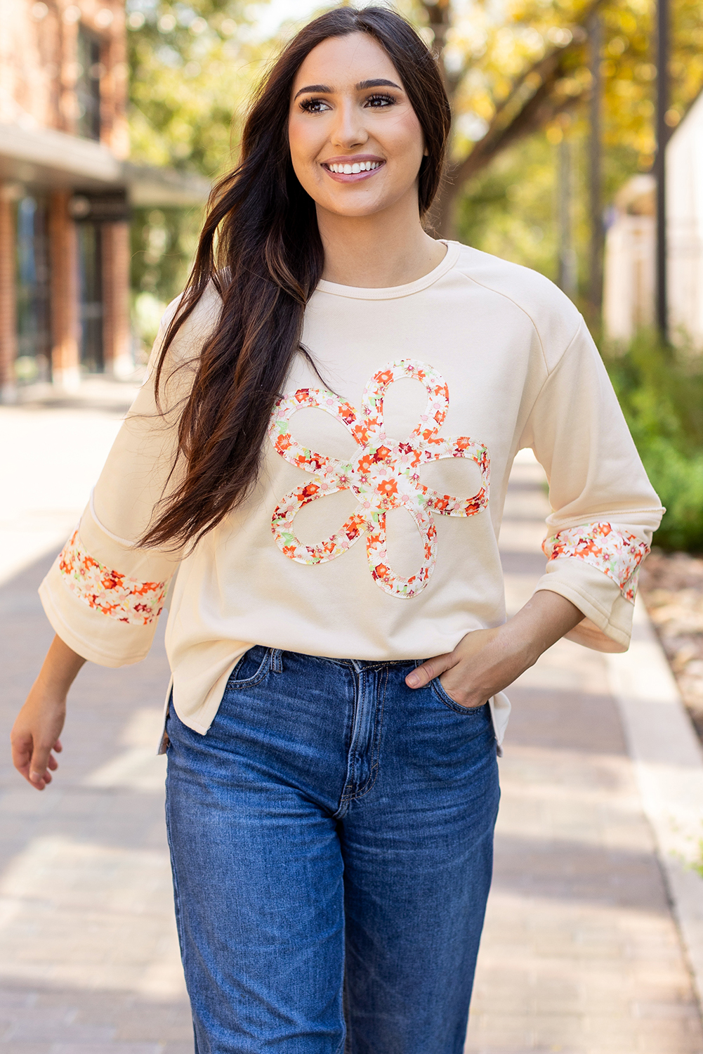 Beige Flower Patch Graphic Exposed Seam Wide Sleeve Top - loveforevers