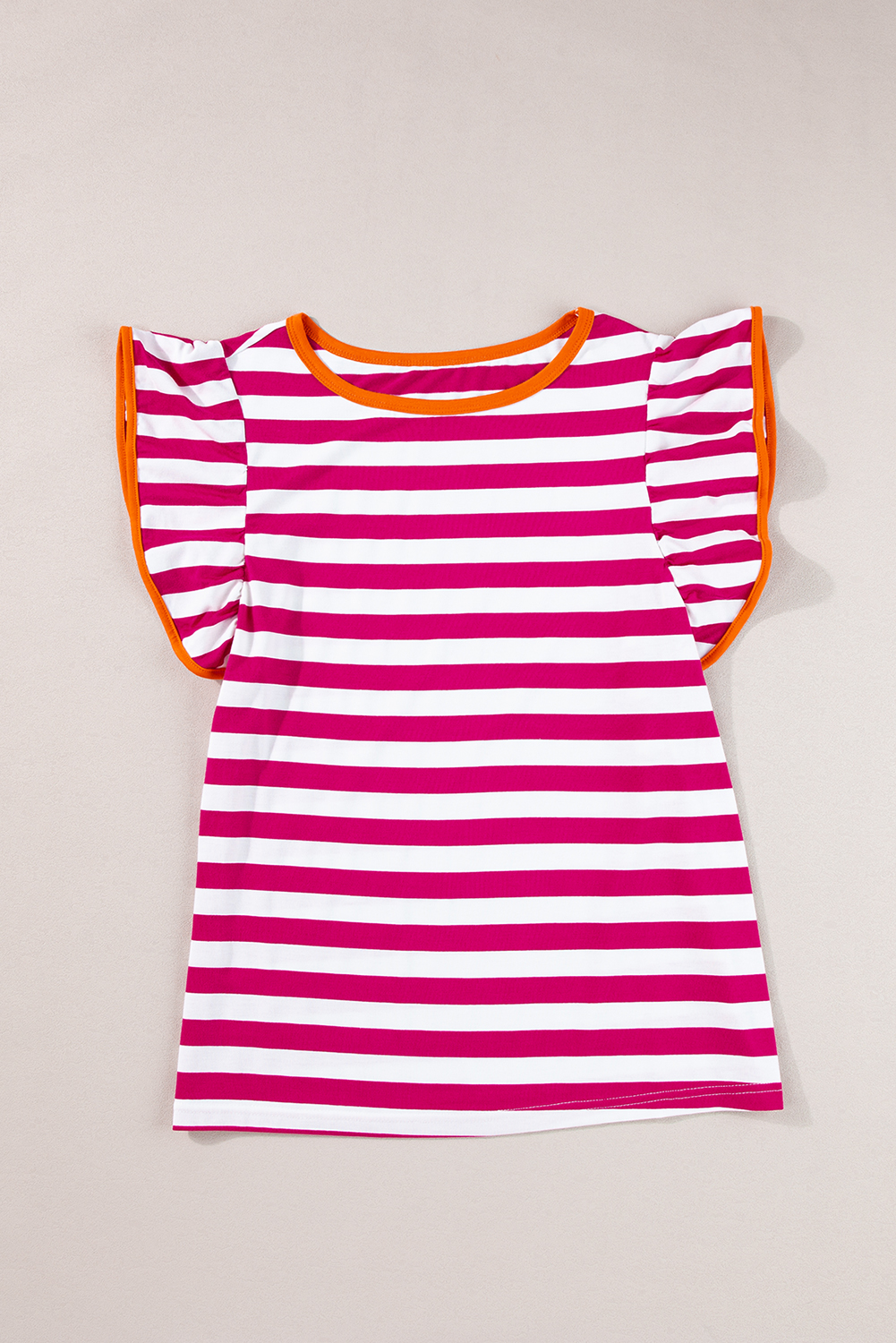 Rose Red Striped Ruffle Sleeve Crew Neck Blouse - loveforevers
