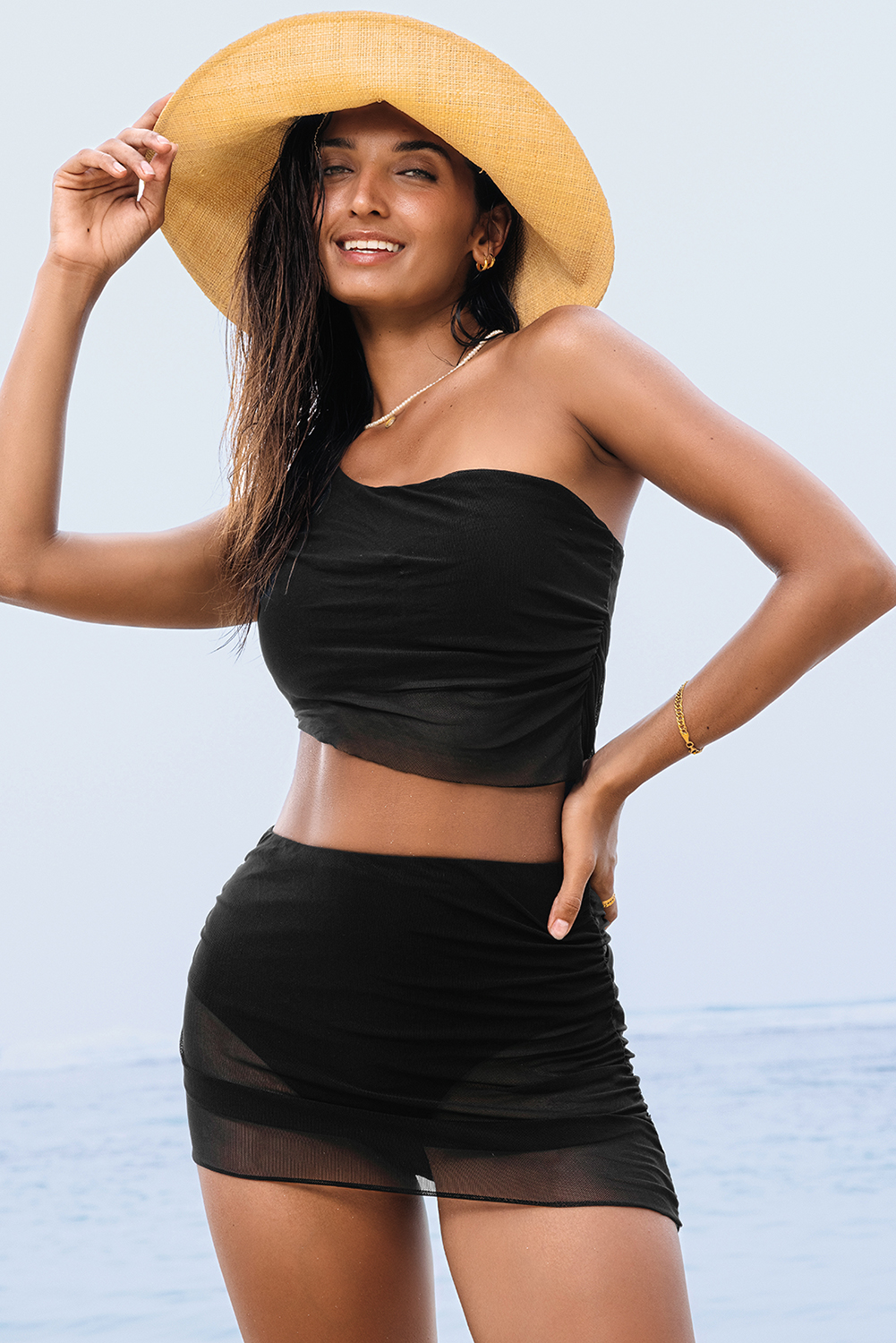 Black Pleated Mesh One Shoulder Bikini Top and Skirts Set - loveforevers