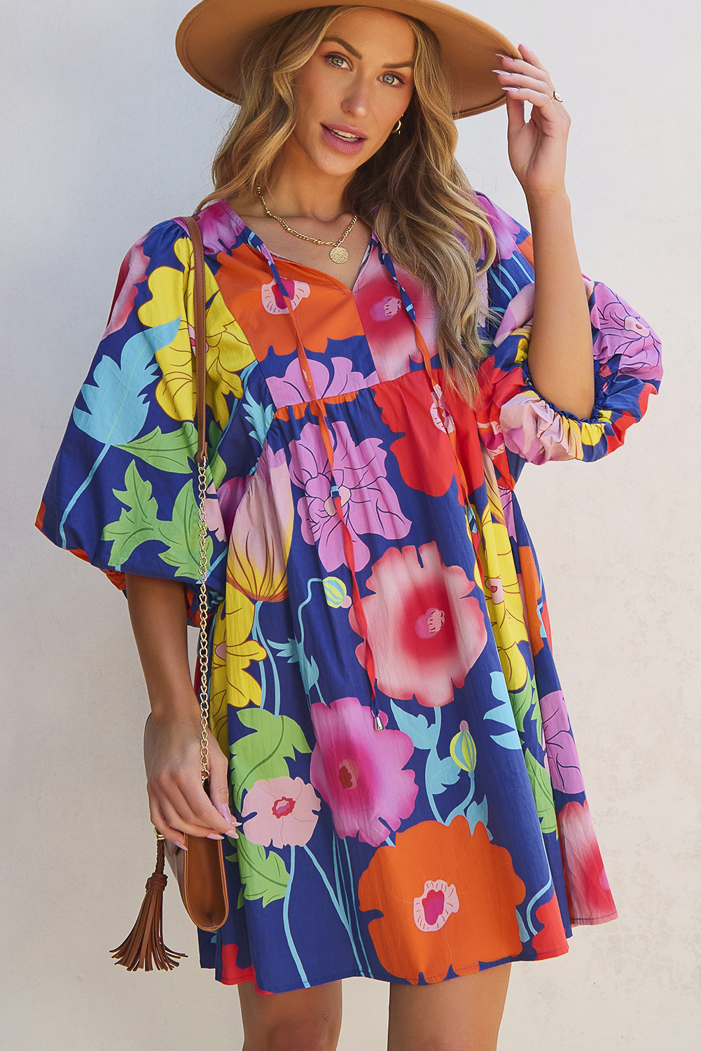 Dark Blue Floral Print Split Neck Babydoll Dress - loveforevers
