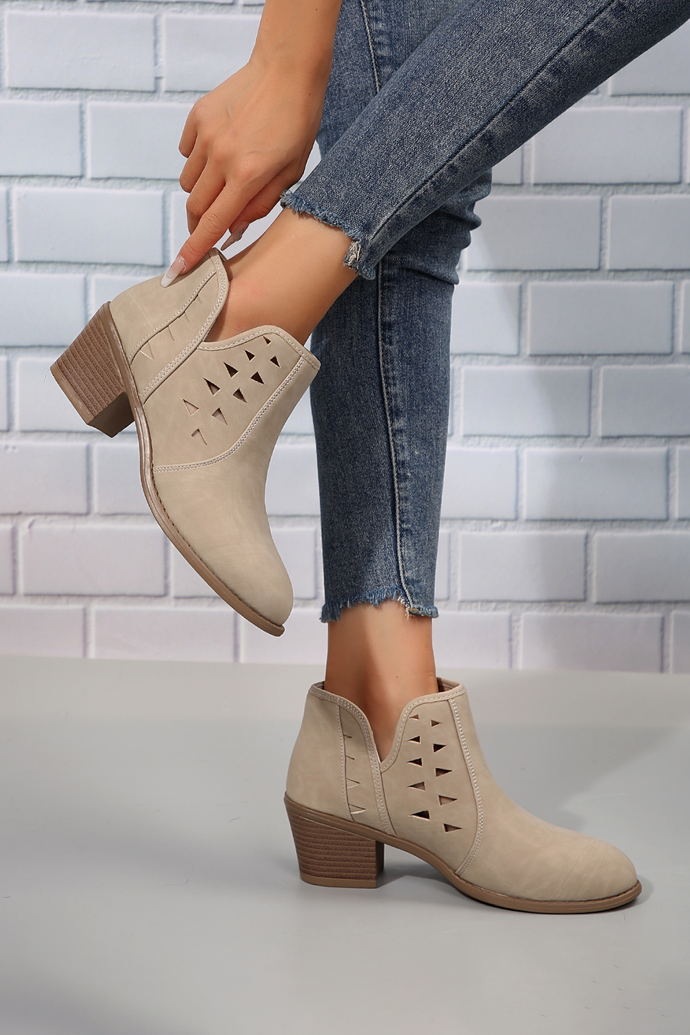 Parchment Cut Out Suede Pointed Toe Heeled Ankle Boots - loveforevers