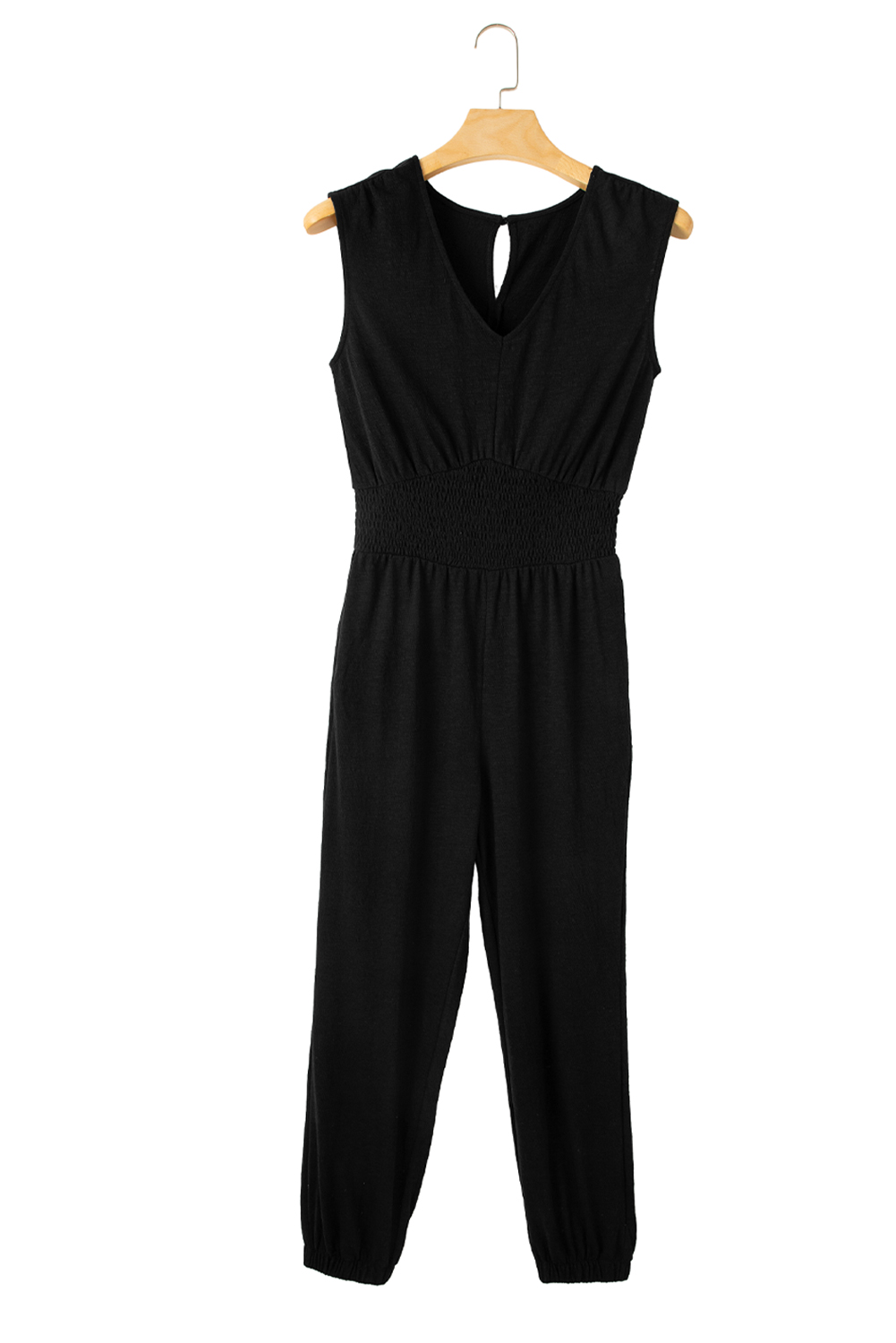 Black Shirred High Waist Sleeveless V Neck Jumpsuit - loveforevers