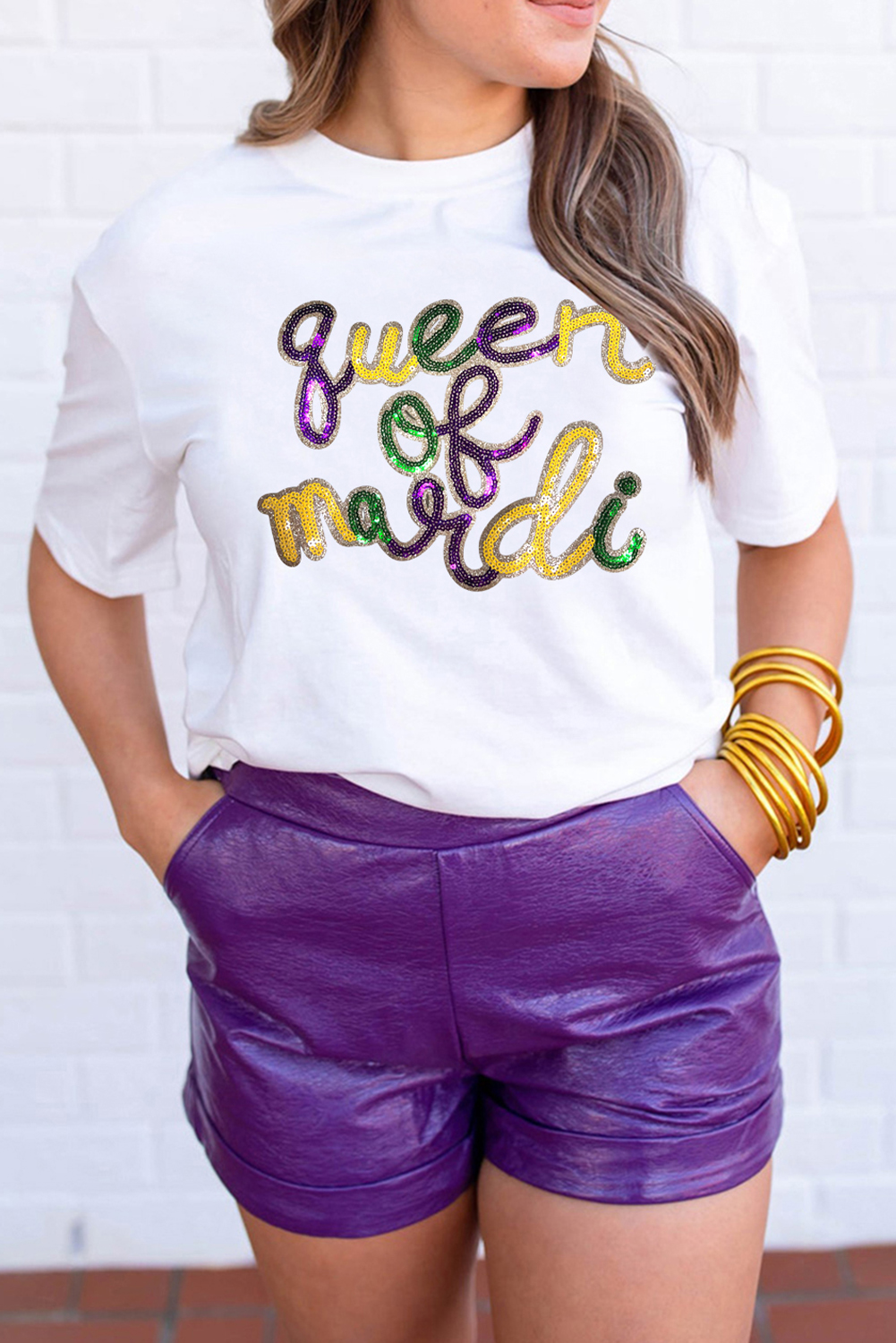 White queen of mardi Sequin Letter Graphic T Shirt - loveforevers