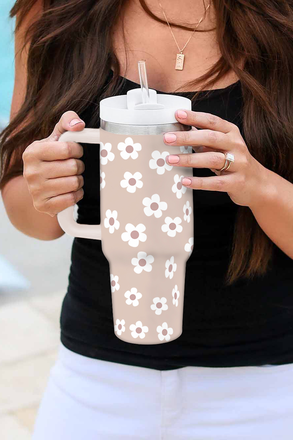 Parchment Floret Print Stainless Tumbler With Lid And Straw 40oz - loveforevers