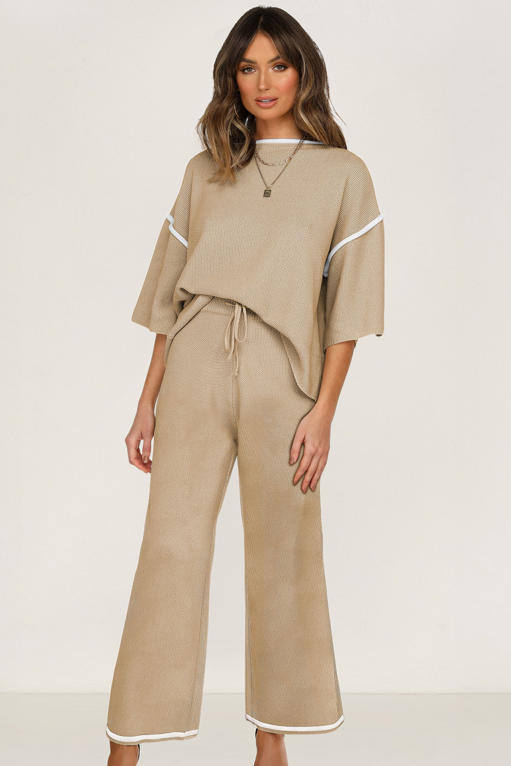 Blackish Green Contrast Trim Half Sleeve Top Drawstring Pants Loose 2pcs Sweater Suit - loveforevers