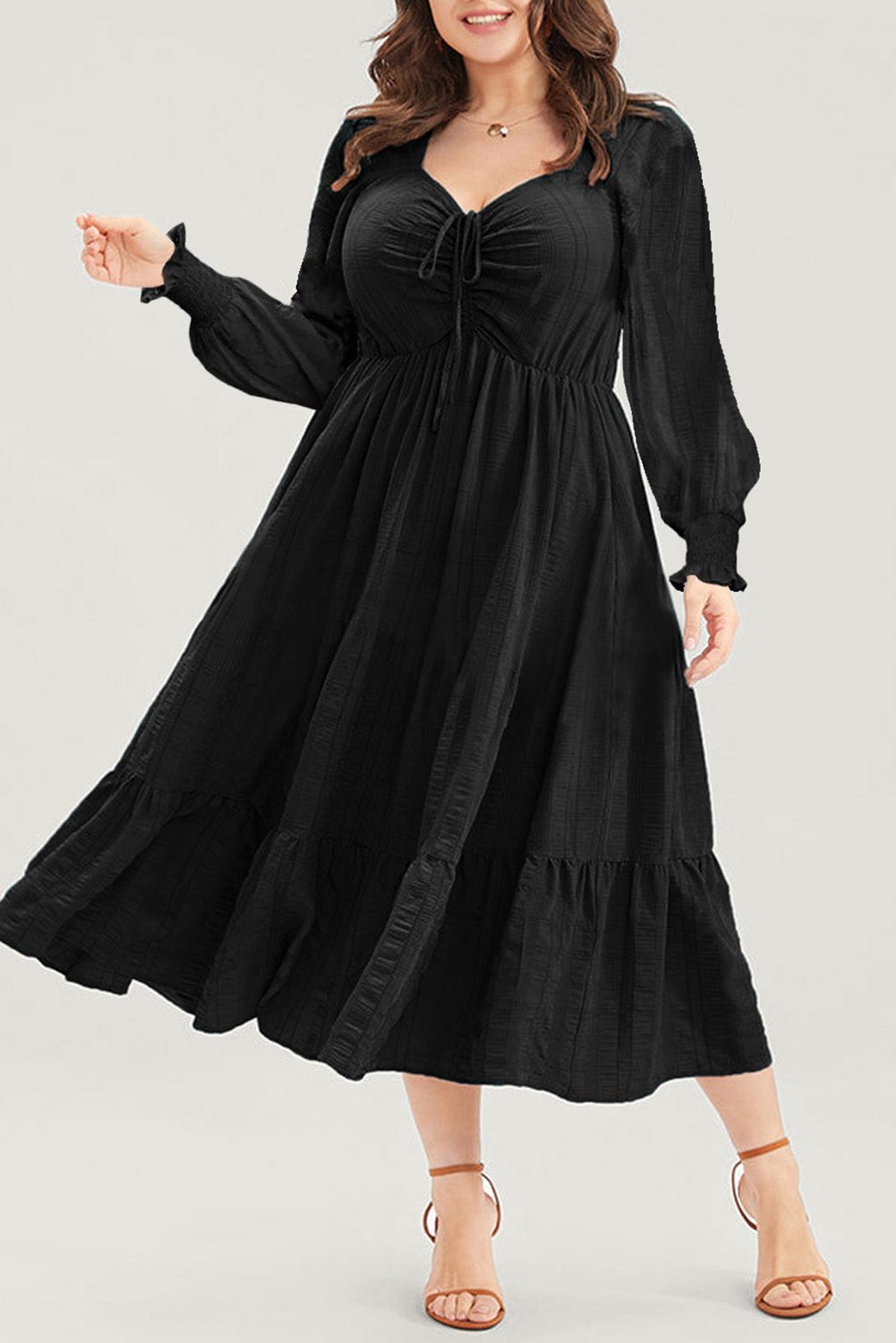 Black Lace-up Ruched Front Long Sleeve Ruffle Hem Plus Size Midi Dress - loveforevers