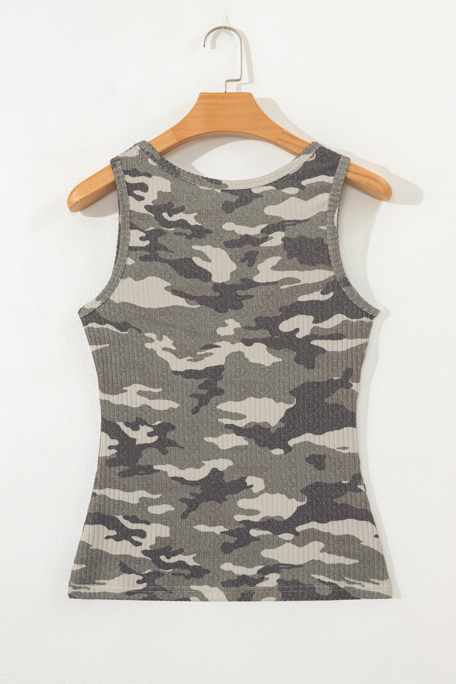 Gray Camouflage Print Ribbed Knit Round Neck Tank Top - loveforevers