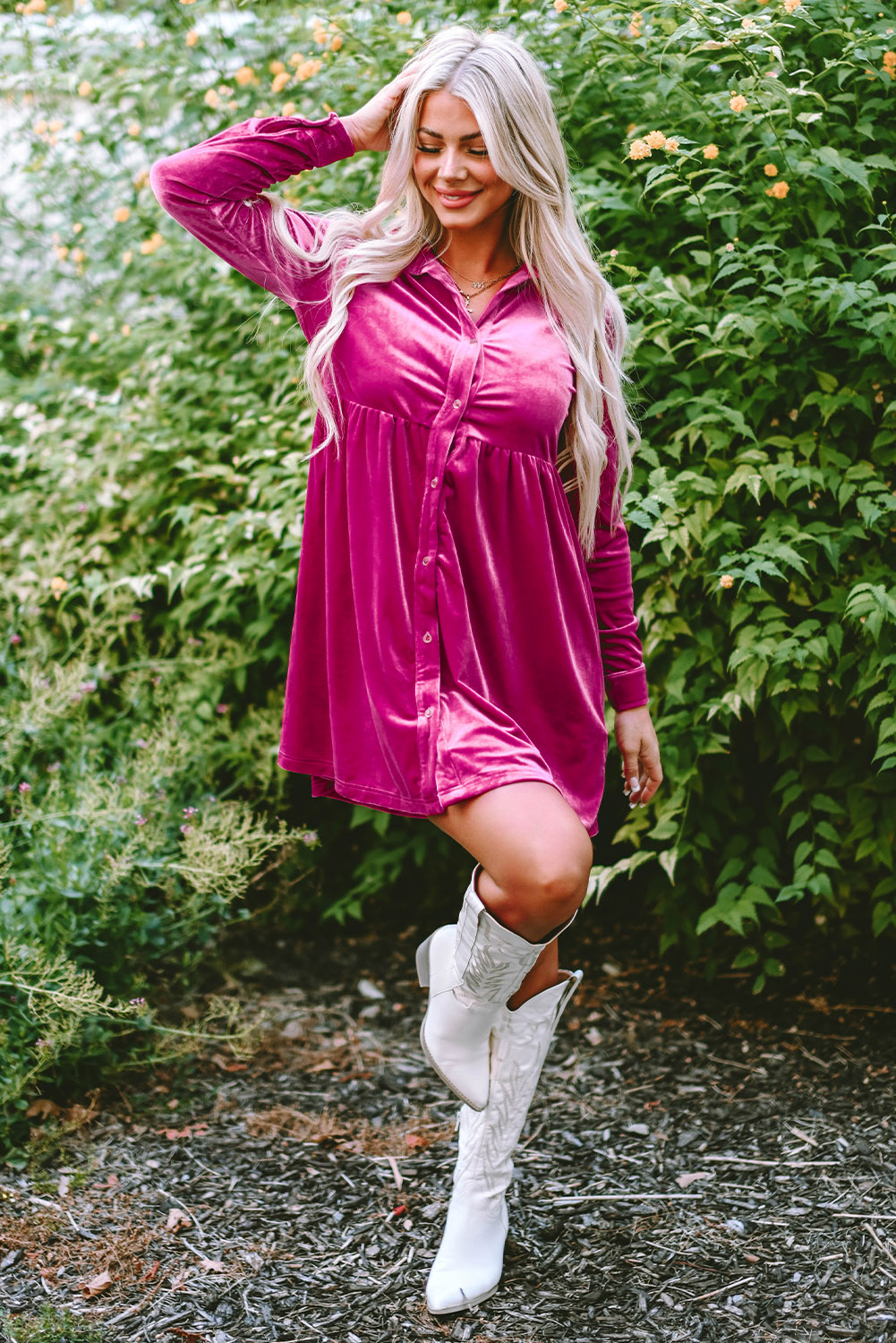 Fiery Red Long Sleeve Ruffle Velvet Button Up Dress - loveforevers