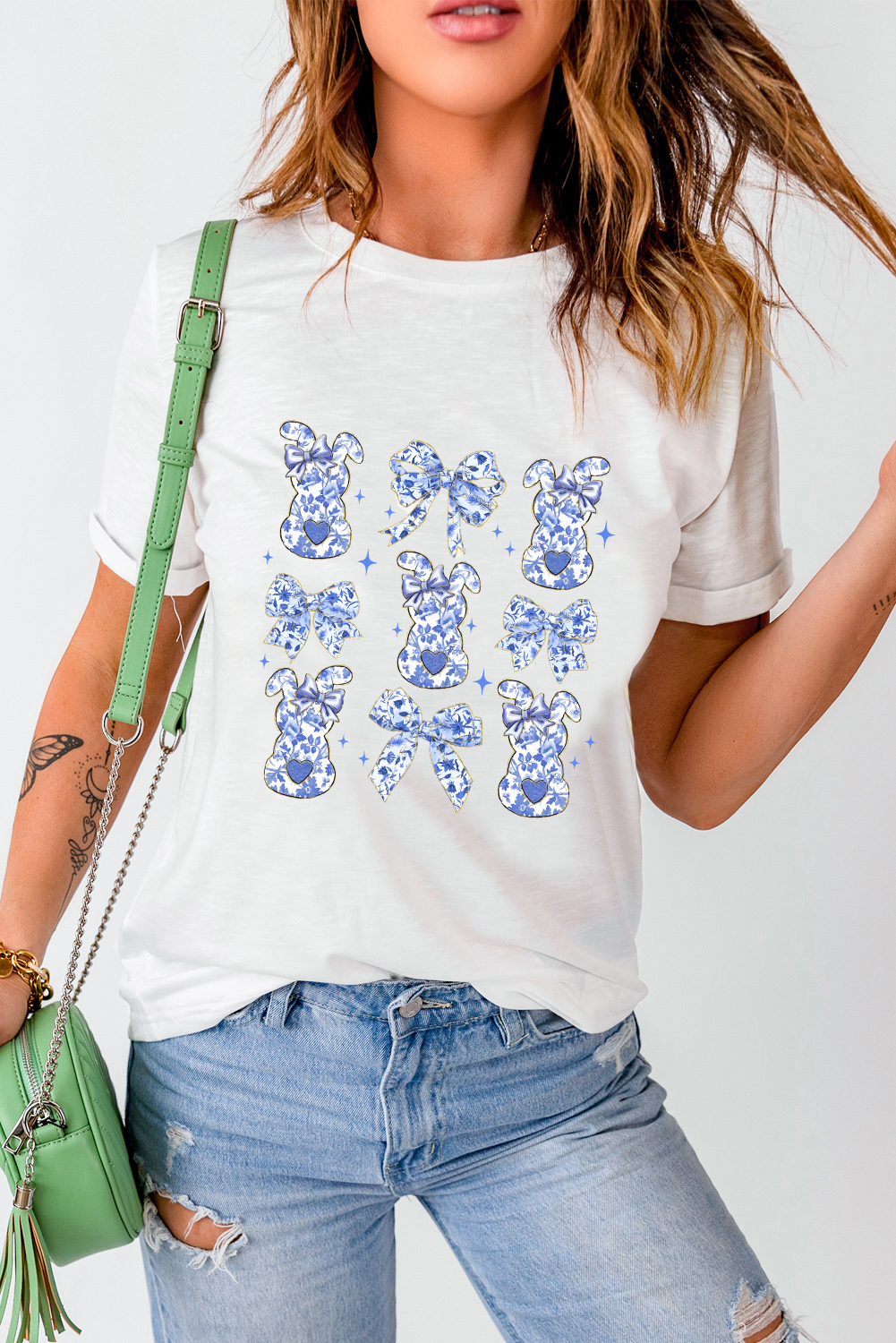 White Bowknot Bunny Graphic Easter Fashion T Shirt - loveforevers
