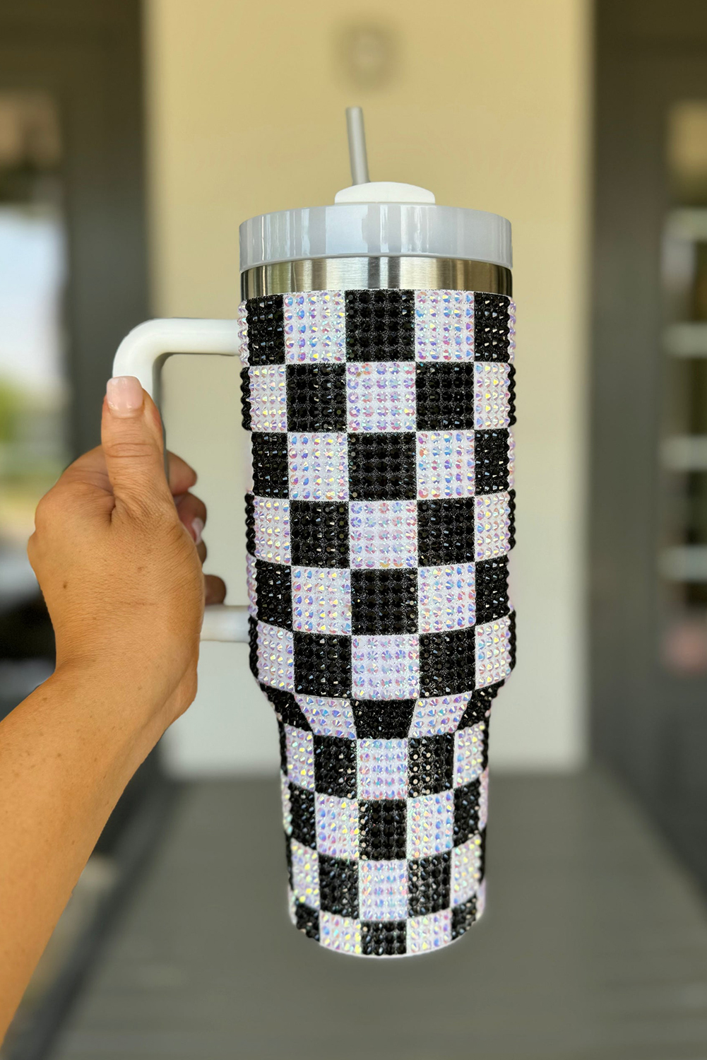Black Full Rhinestone Checkerboard Handled Tumbler 40oz - loveforevers