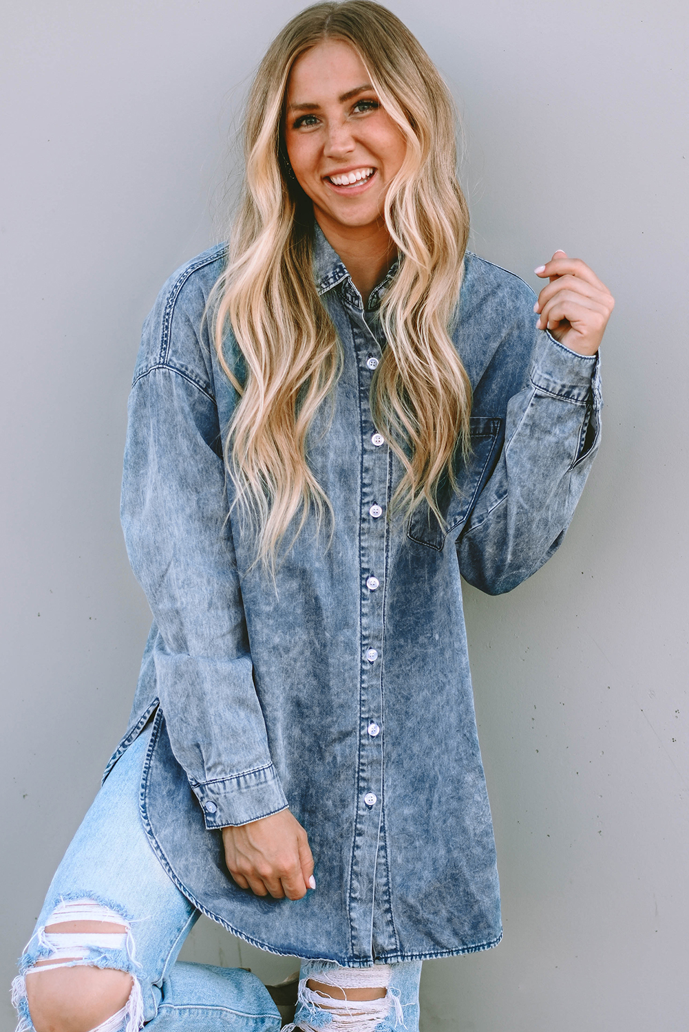 Sky Blue Vintage Washed Chest Pocket Denim Shirt - loveforevers