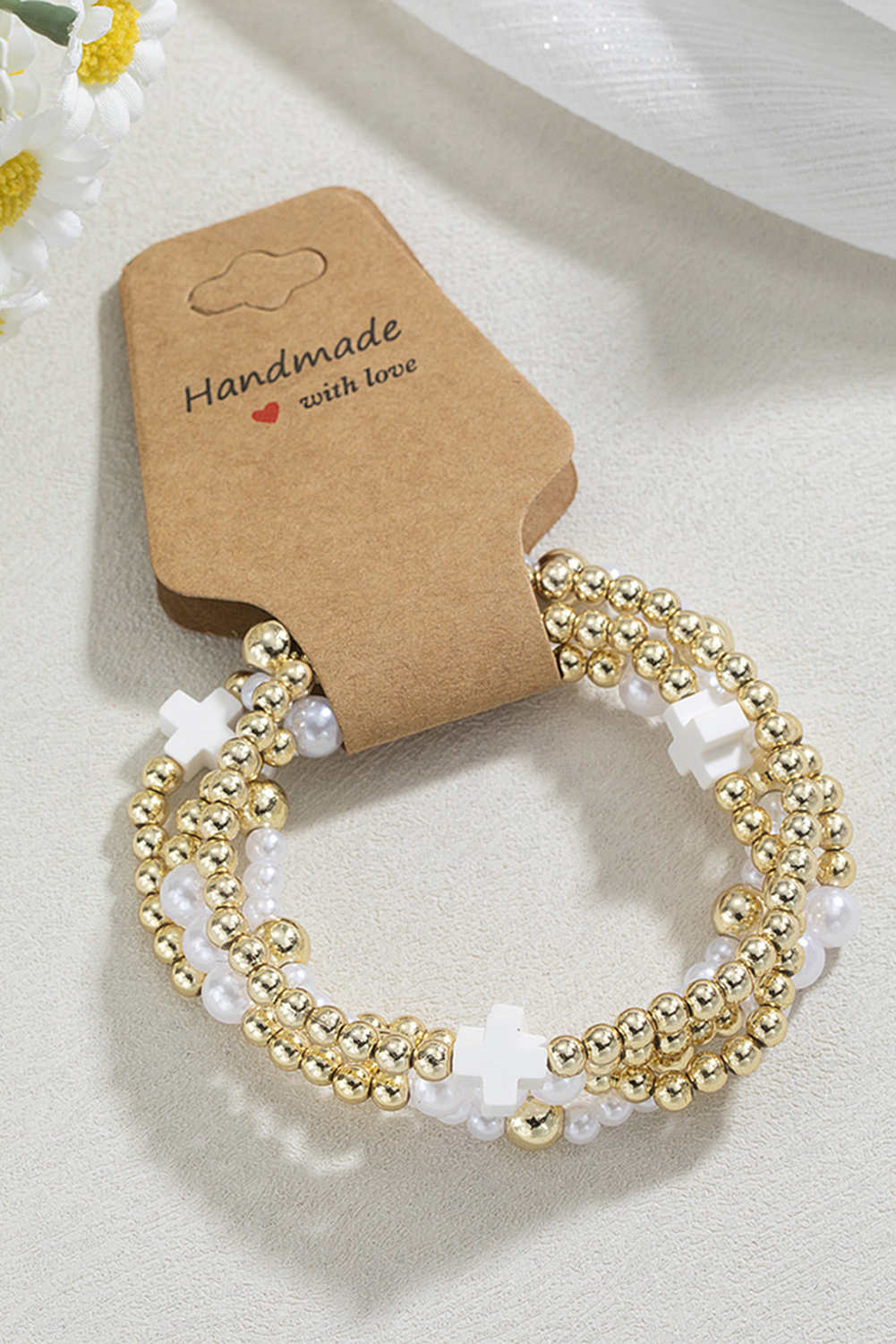 White Cross Pearl Decor Beaded Elastic Multi Layered Bracelet - loveforevers