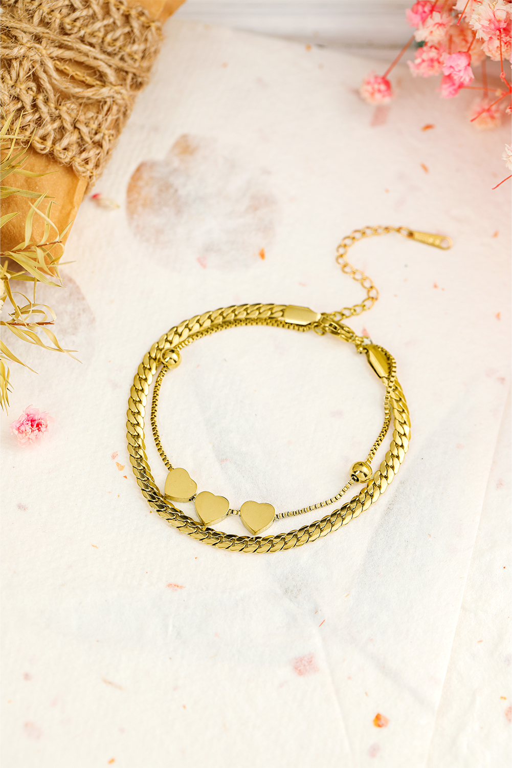 Gold Triple Heart Double Layer Adjustable Chain Bracelet - loveforevers