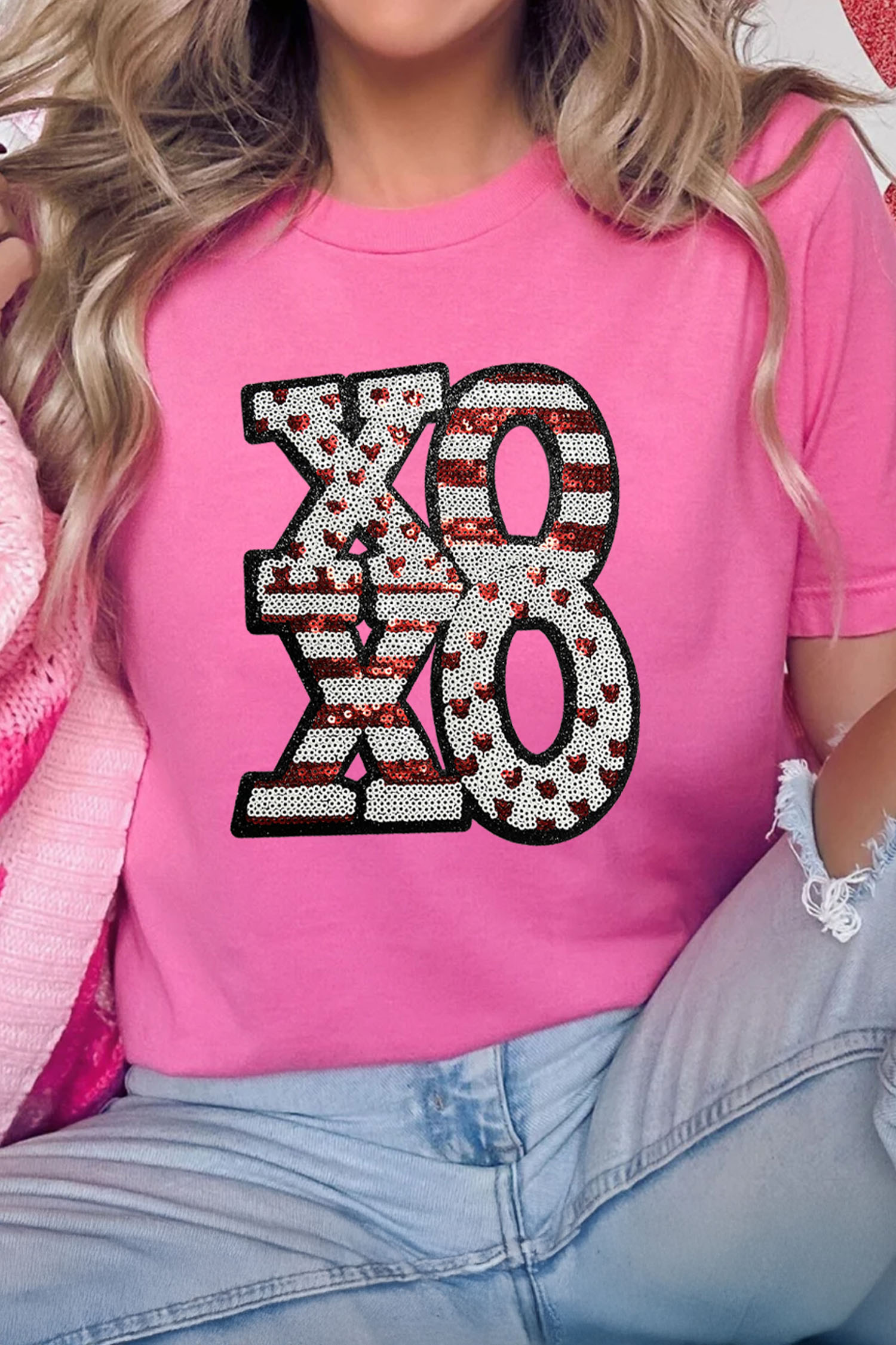 Sachet Pink Sequined XOXO Graphic Valentine T Shirt - loveforevers