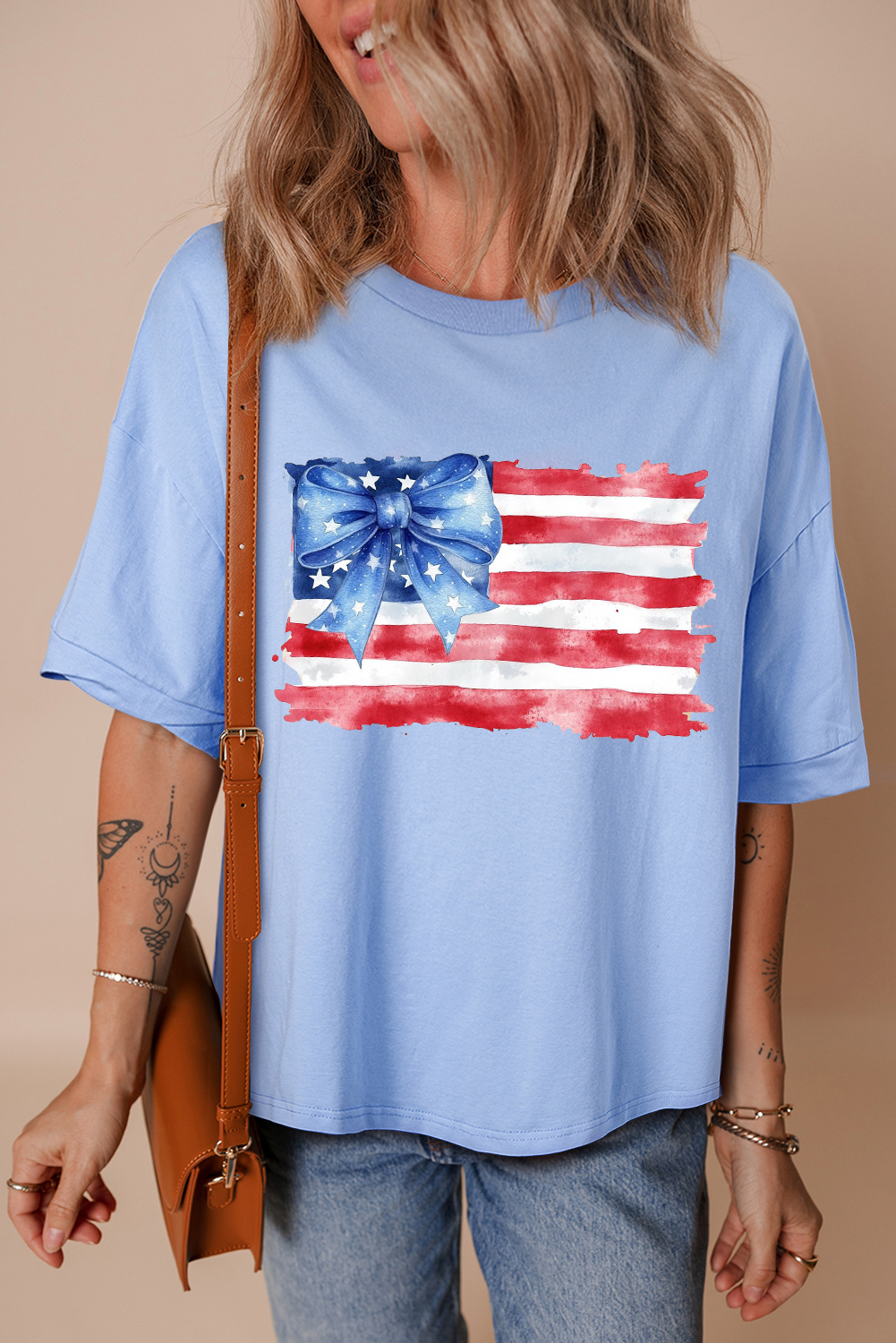 Myosotis American Flag Bow Knot Print Half Sleeve T Shirt - loveforevers