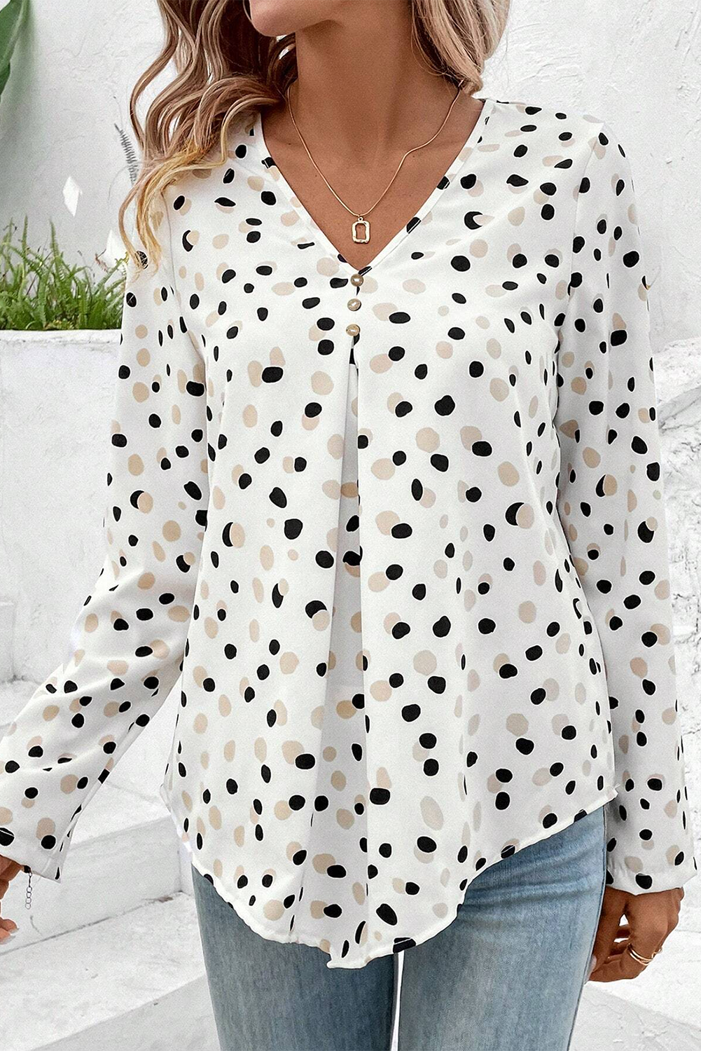 Green Polka Dot Print Button Front V Neck Blouse - loveforevers