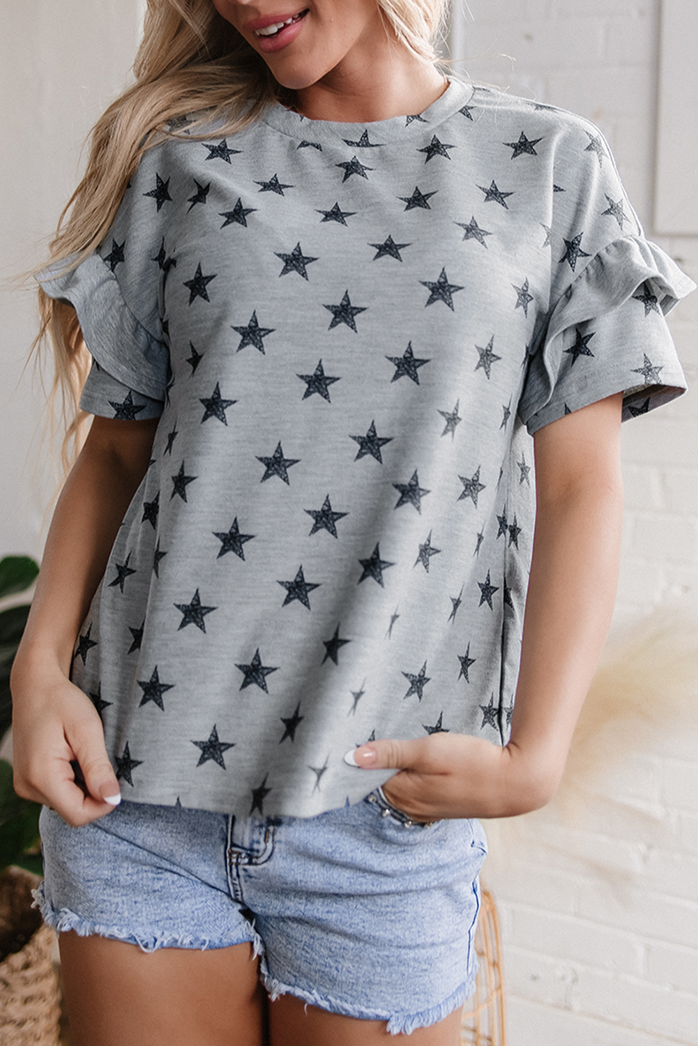 Gray Star Print Tiered Ruffled Sleeve Crew Neck T Shirt - loveforevers
