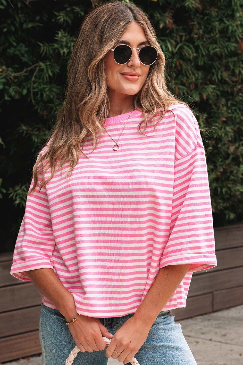 Red Stripe Bowknot Cutout Back Drop Shoulder Wide Bracelet Sleeve Loose Tee - loveforevers