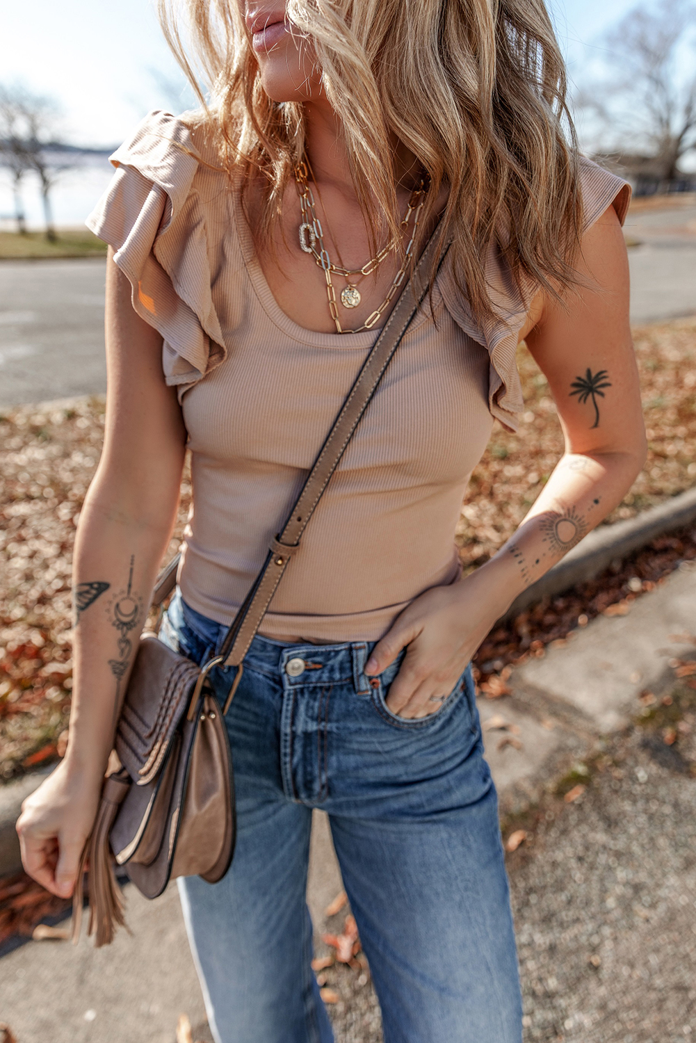Smoke Gray Ribbed Knit Ruffled Shoulder Slim Fit Tank Top - loveforevers