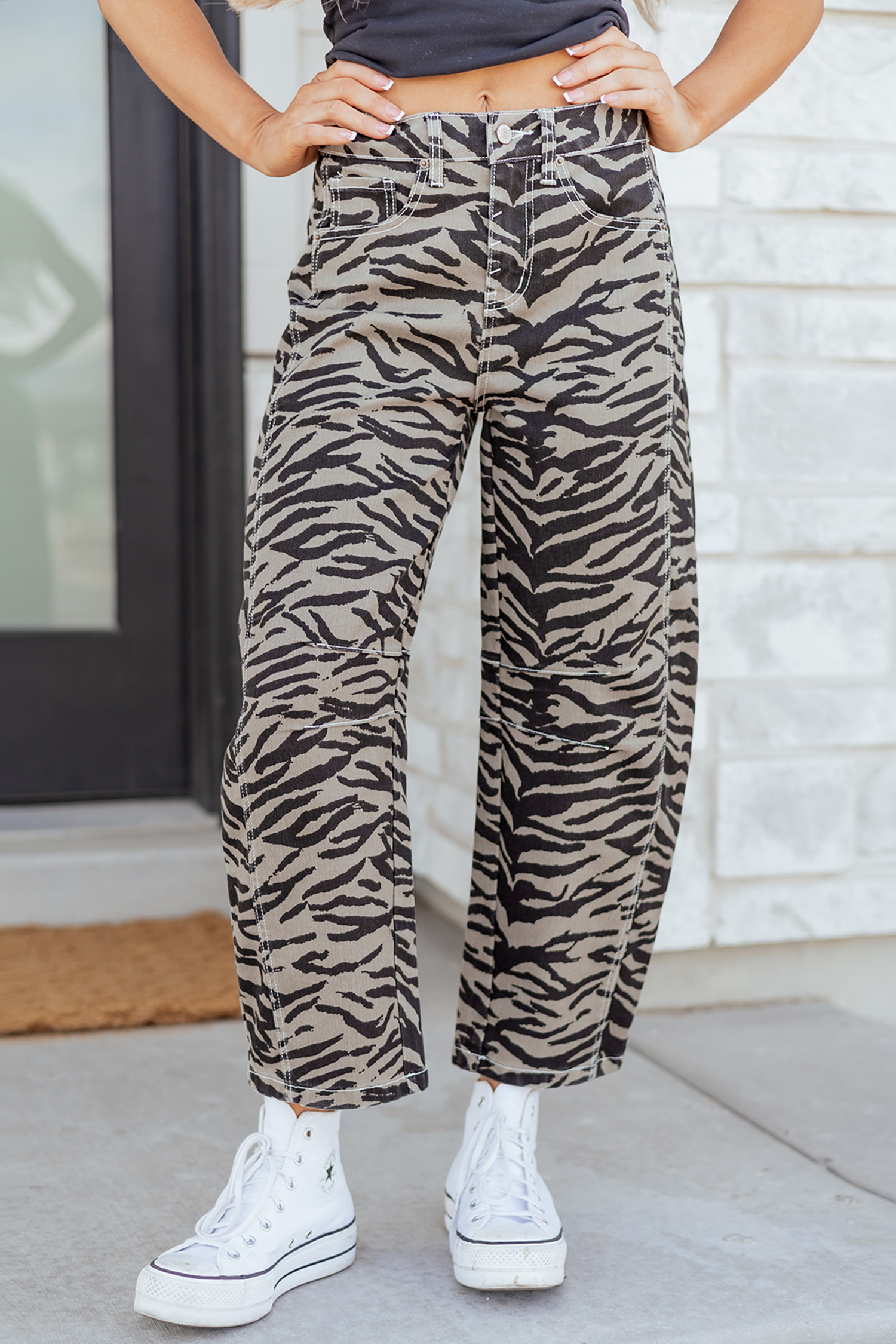 Gray Zebra Stripe Printed Wide Leg Jeans - loveforevers