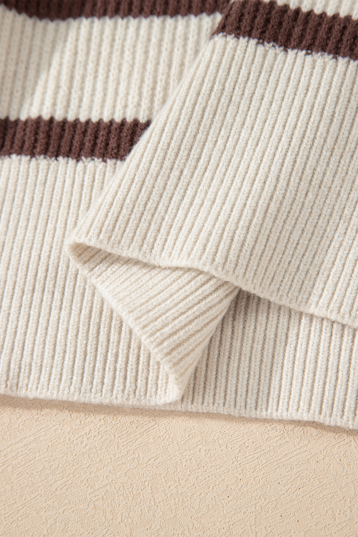 Brown Stripe Ribbed Henley Drop Shoulder Slouchy Sweater - loveforevers