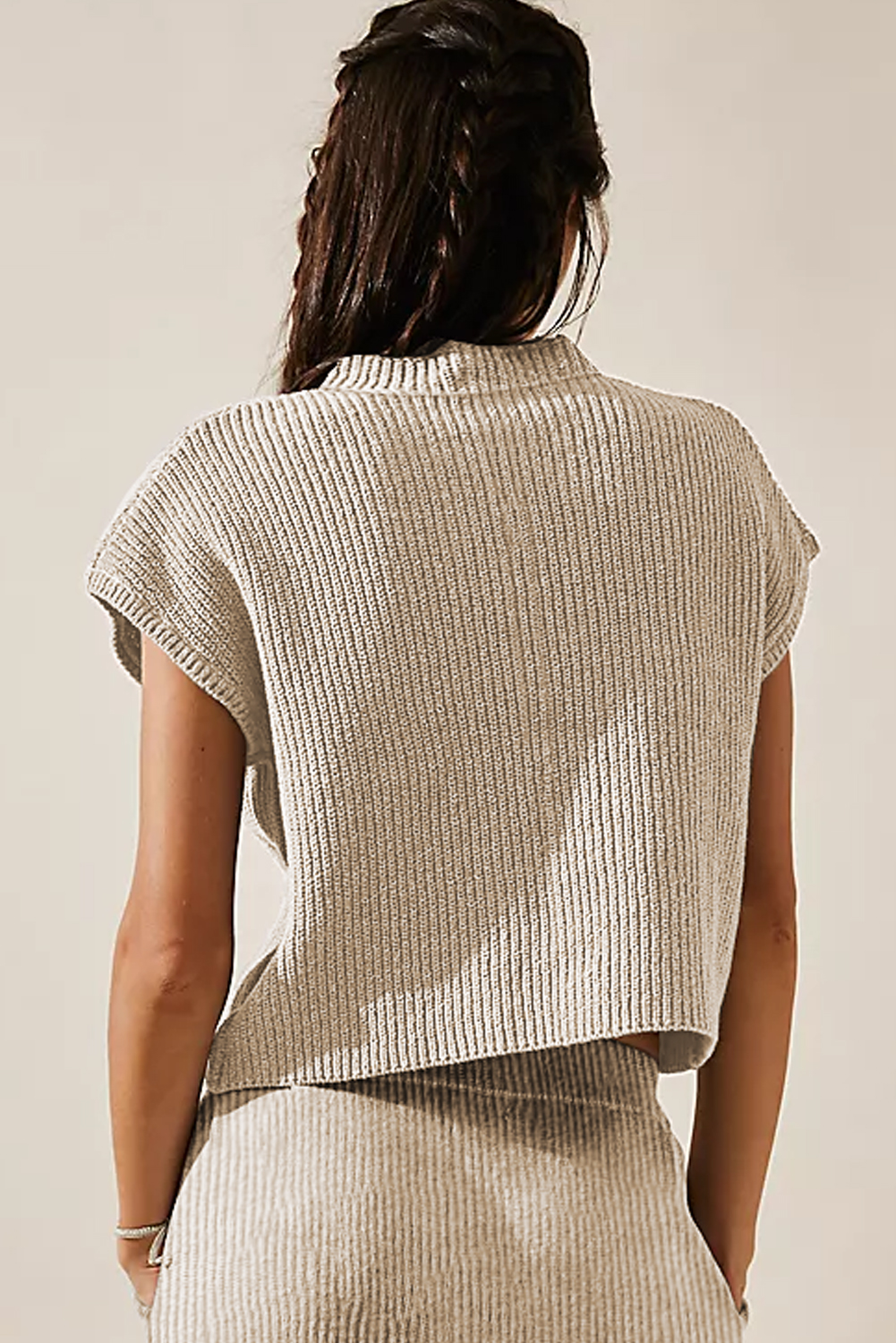 Apricot Chest Pocket V Neck Ribbed Cap Sleeve Sweater - loveforevers