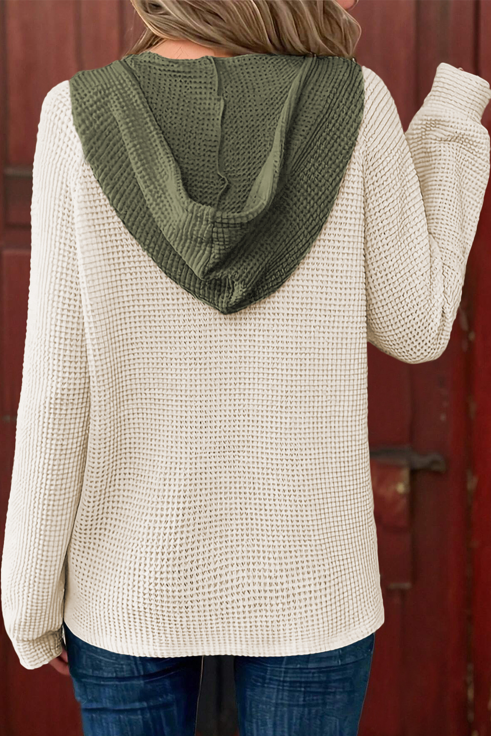 Coffee Waffle Contrast Half Buttoned Hooded Pullover Top - loveforevers