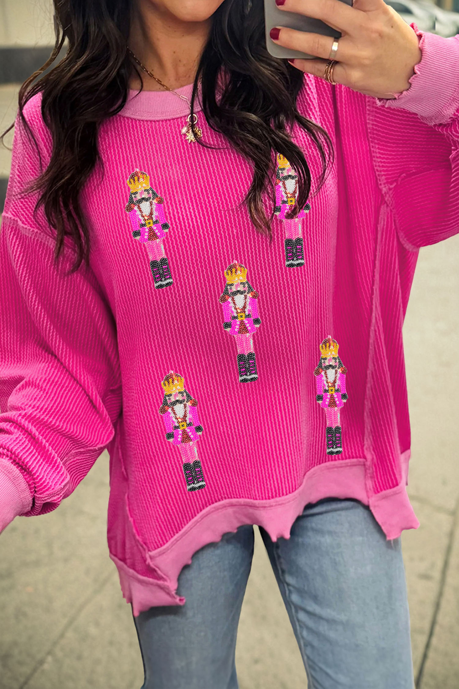 Strawberry Pink Sequined Nutcracker Men Pattern Twisted Rib High Low Top - loveforevers