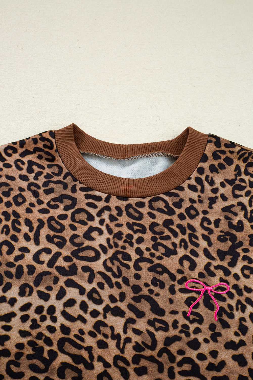 Coffee Leopard Print Contrast Trim Long Sleeve Top and Pants Set - loveforevers