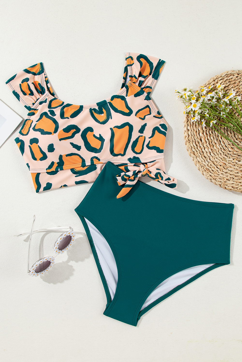 Green Leopard Print U Neck Knotted High Waist Bikini Set - loveforevers