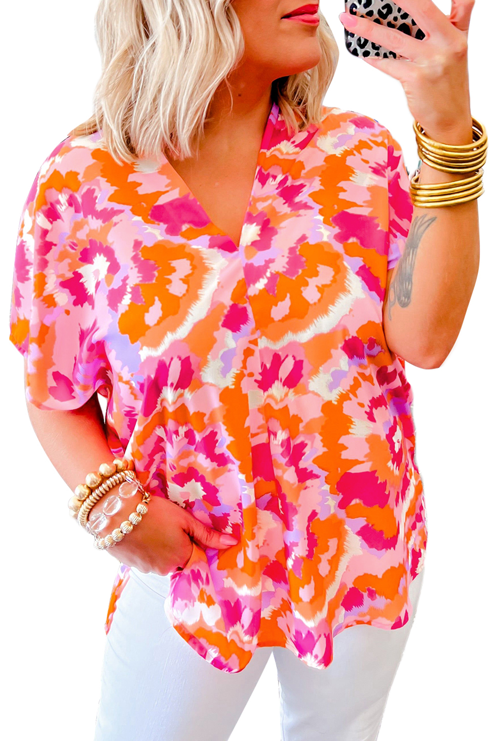 Rose Red Abstract Print V Neck Summer Blouse - loveforevers