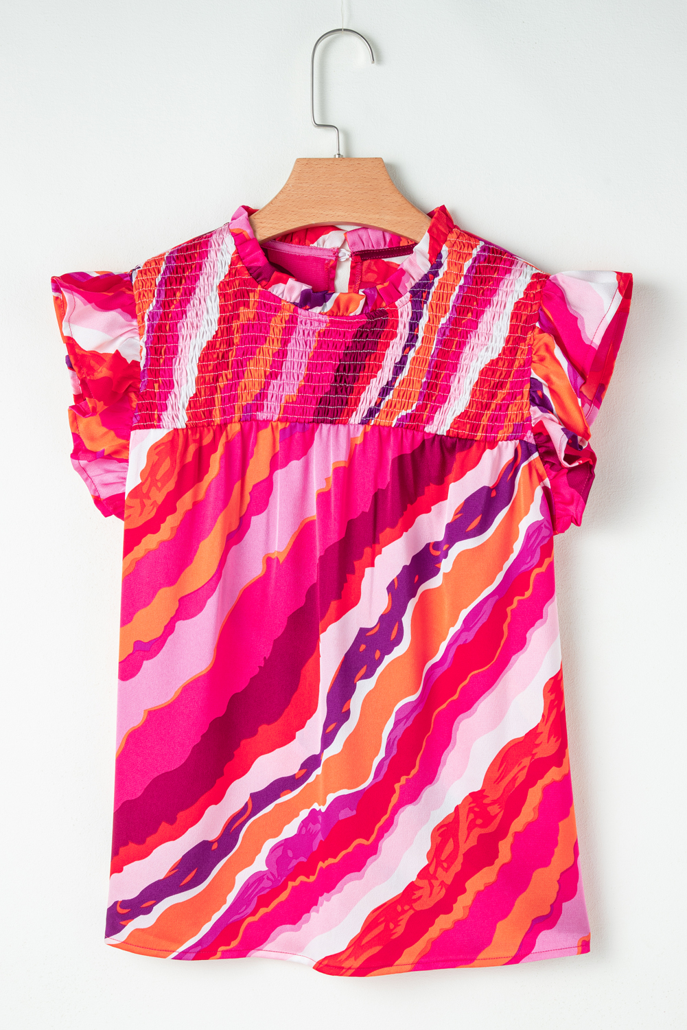 Rose Abstract Print Shirred Yoke Ruffled Blouse - loveforevers