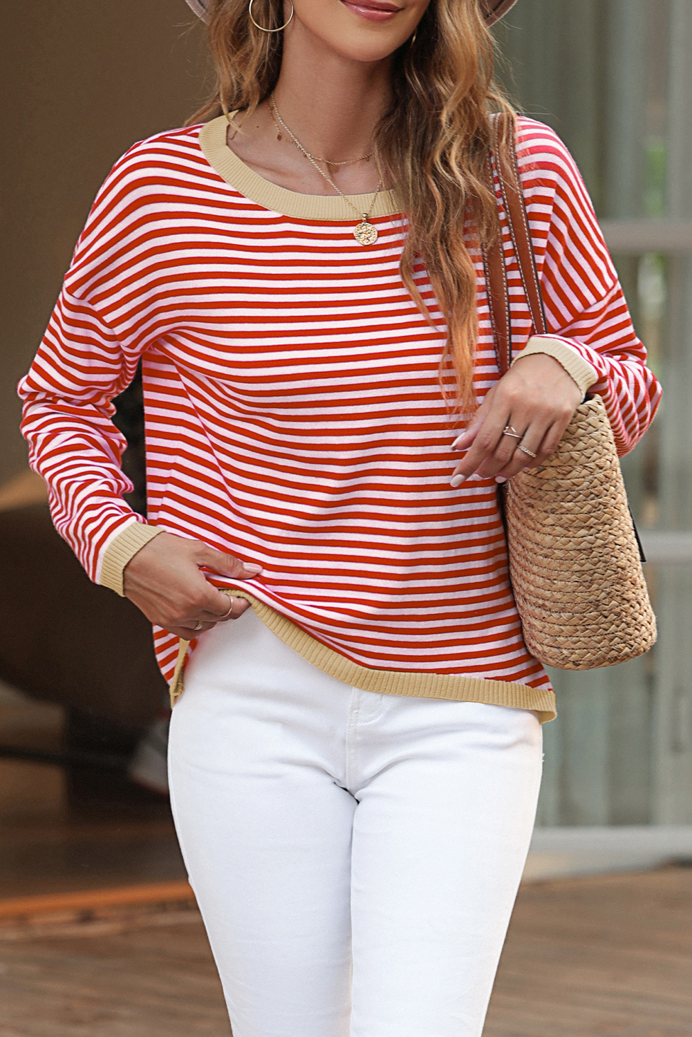 Fiery Red Striped Contrast Trimmed Drop Shoulder Sweater - loveforevers