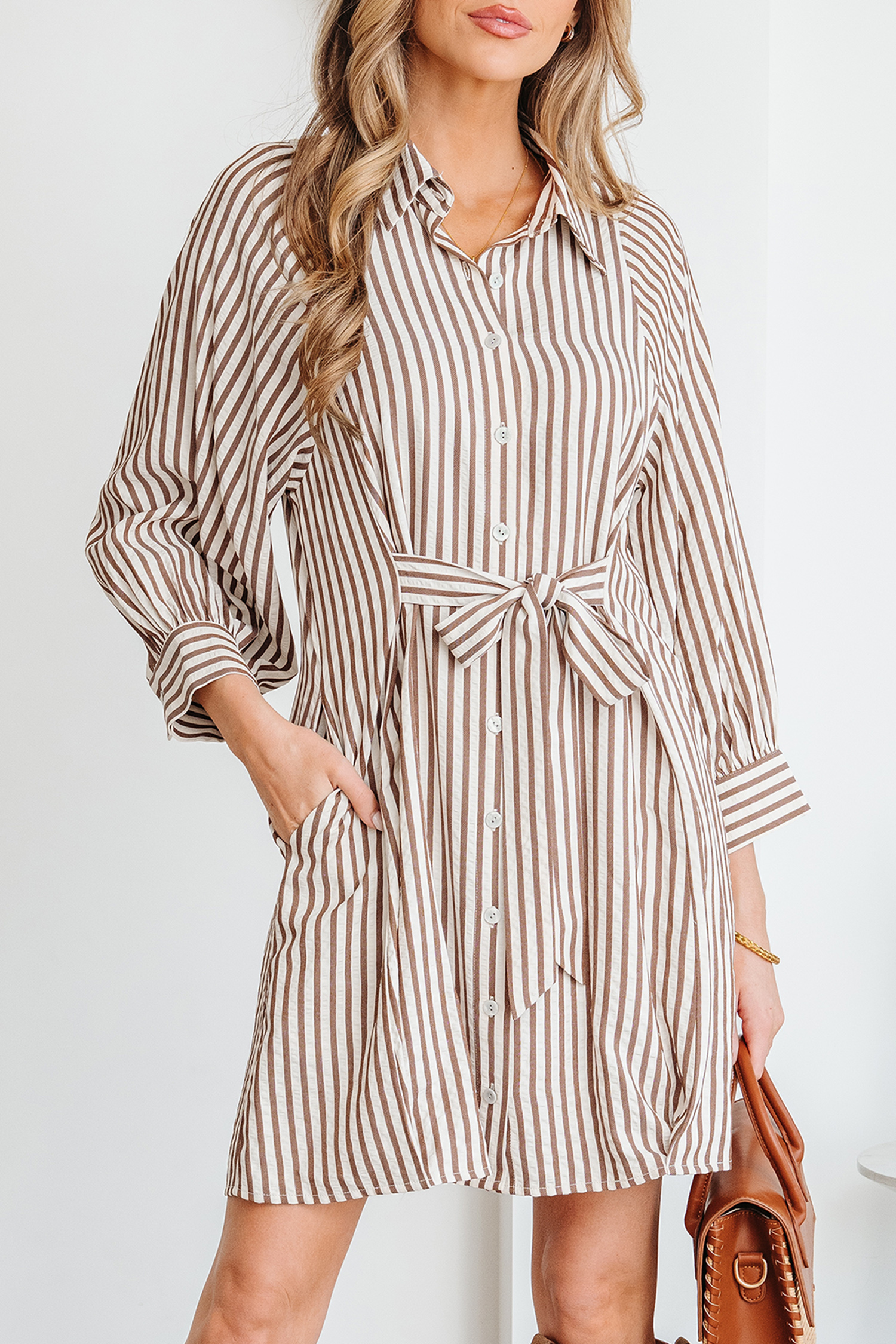 Brown Stripe Knot Waist Puff Sleeve Button Down Mini Shirt Dress - loveforevers