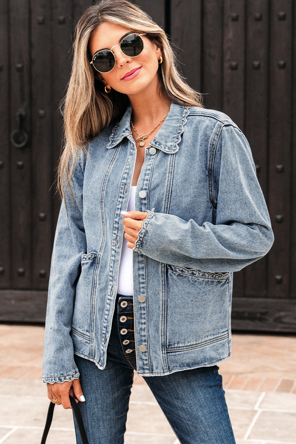 Myosotis Scallop Trim Collar Patched Pocket Button Up Mineral Washed Denim Jacket - loveforevers