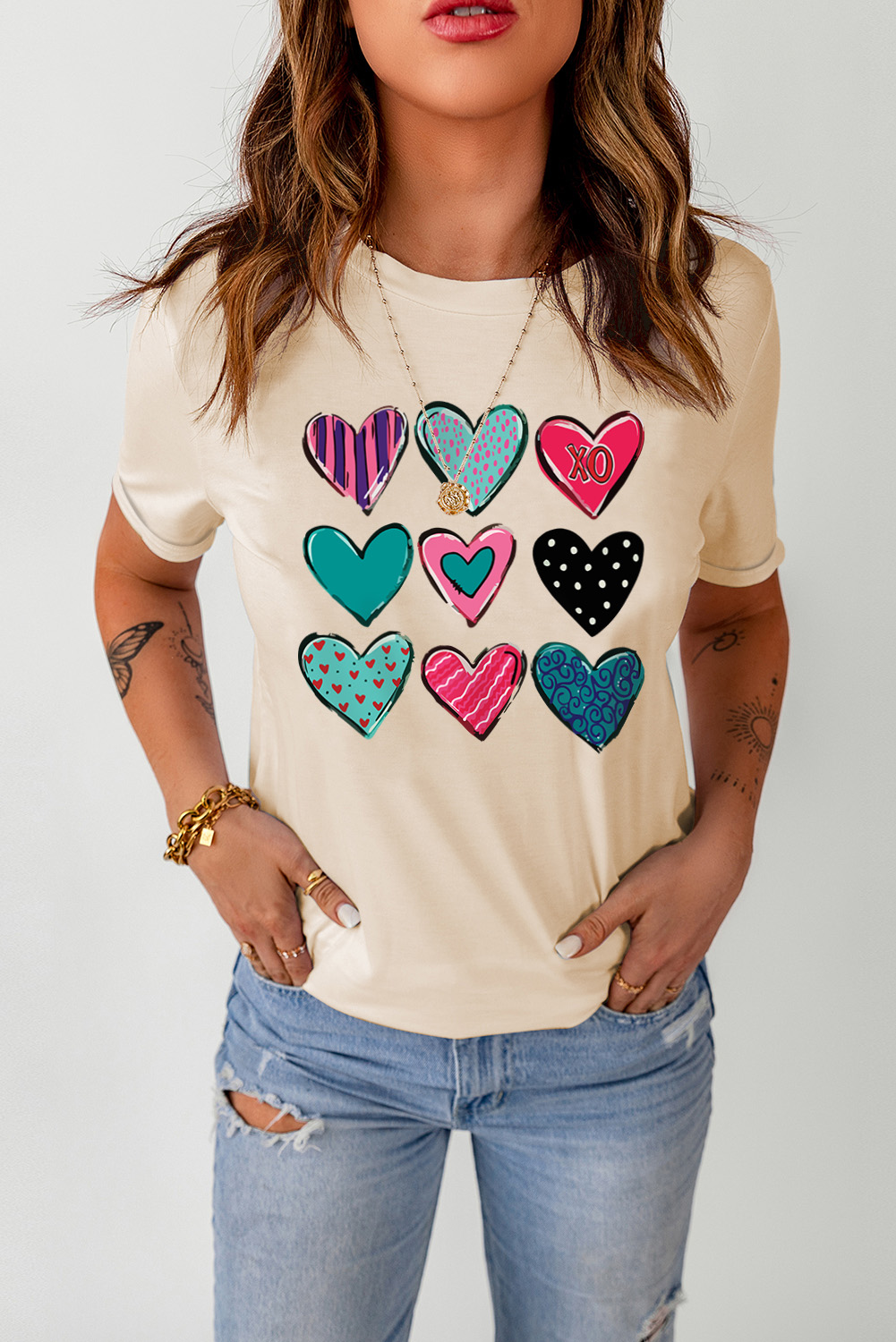 Khaki Valentines Multi Pattern Heart Shape Graphic T Shirt - loveforevers