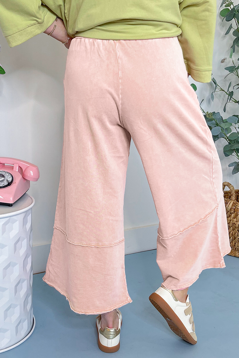 Pink Flower Patch Mineral Washed Terry Knit Cropped Wide Leg Pants - loveforevers