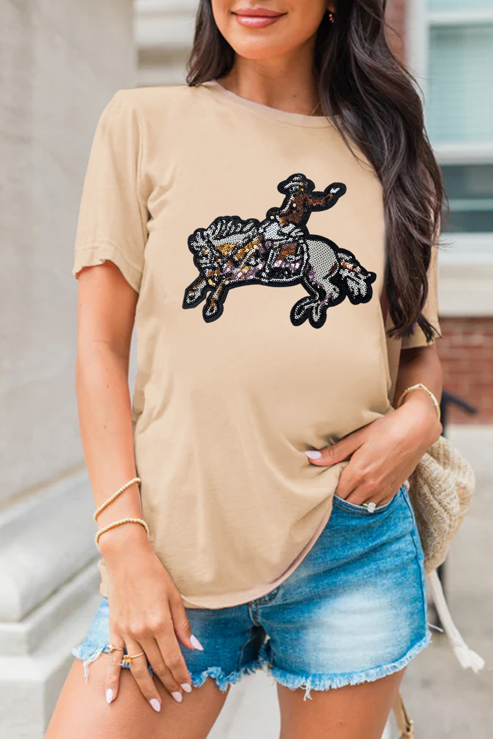 Khaki Sequin Rodeo Graphic Crewneck Tee - loveforevers