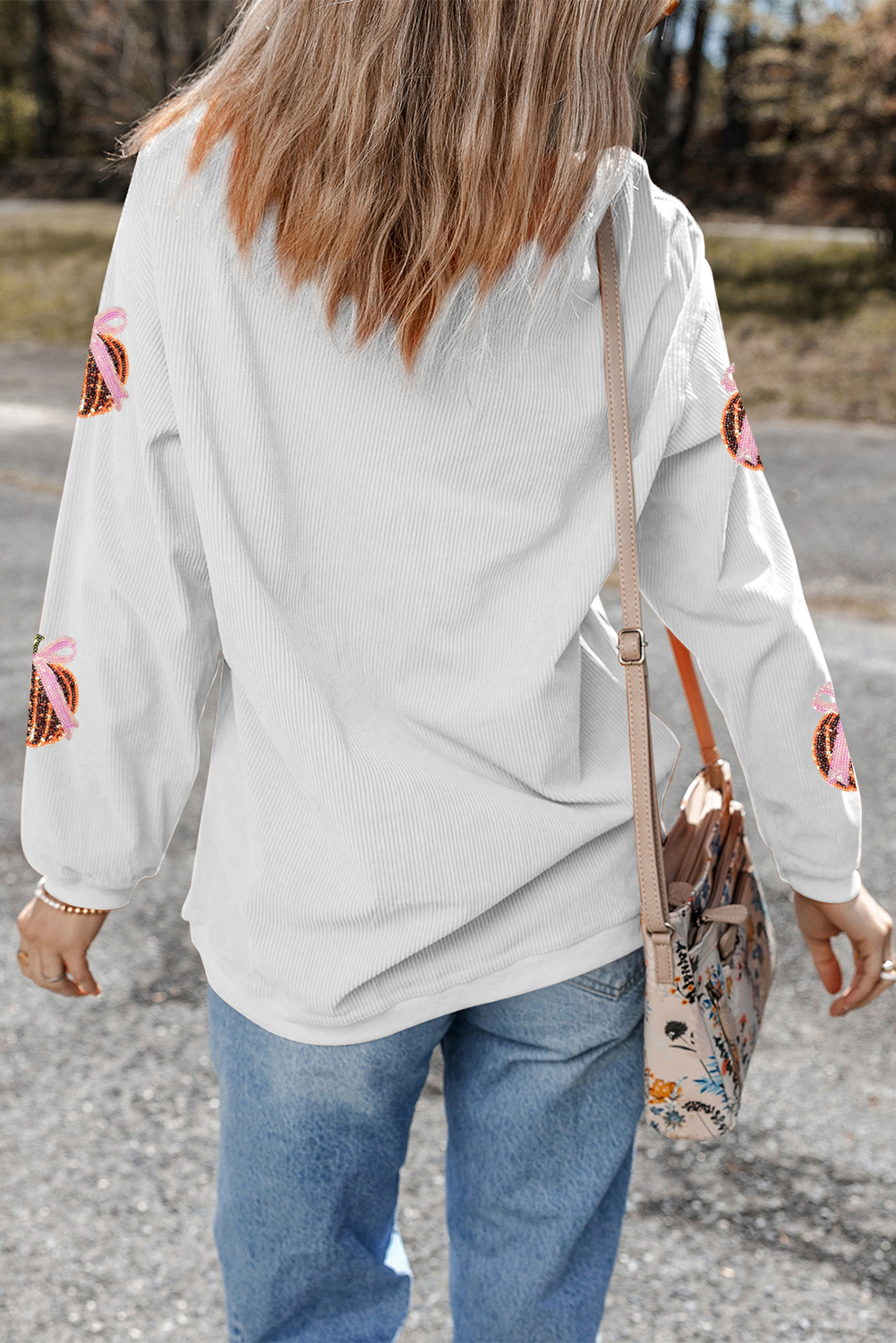 White Twisted Ribbed Sequin Bow Pumpkin Graphic Baggy Sweatshirt - loveforevers