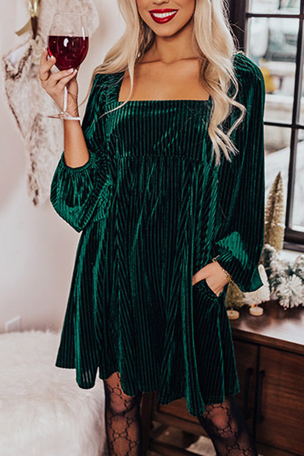 Red Tie Back Square Neck Velvet Babydoll Dress - loveforevers